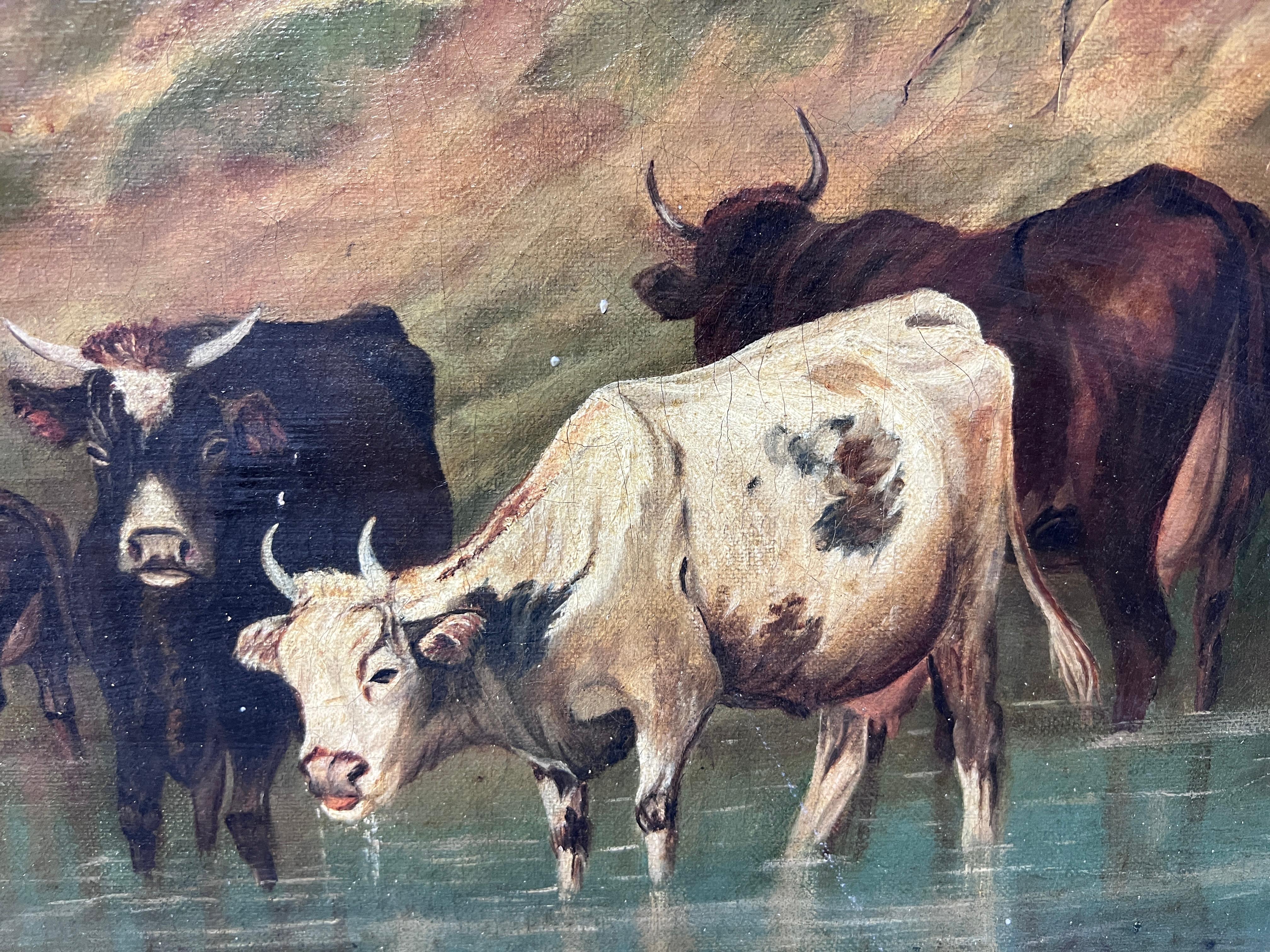 1895 Antiquités 19c. Grande peinture à l'huile sur toile de L.A.Morris Farm Landscape cows en vente 6