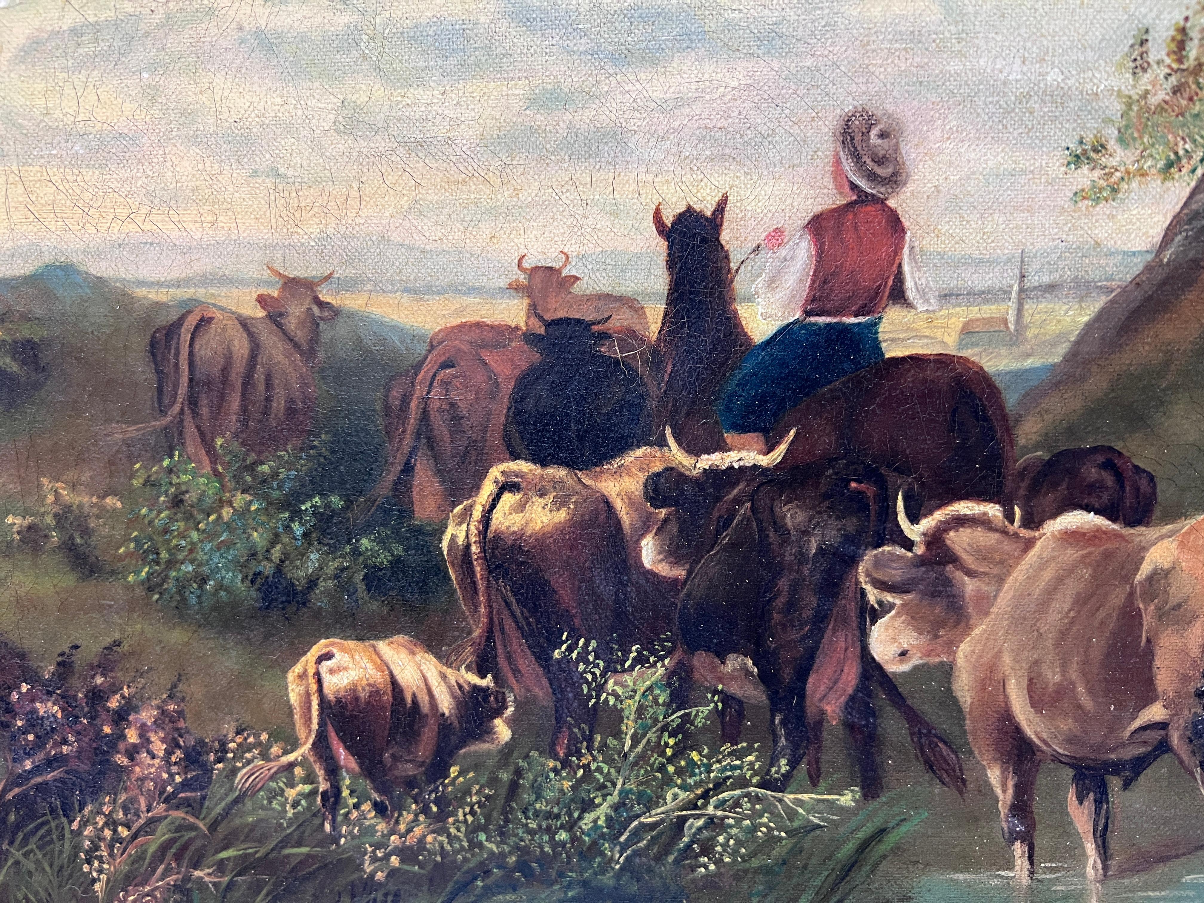 1895 Antique 19c. Large oil painting on canvas by L.A.Morris Farm Landscape cows For Sale 7
