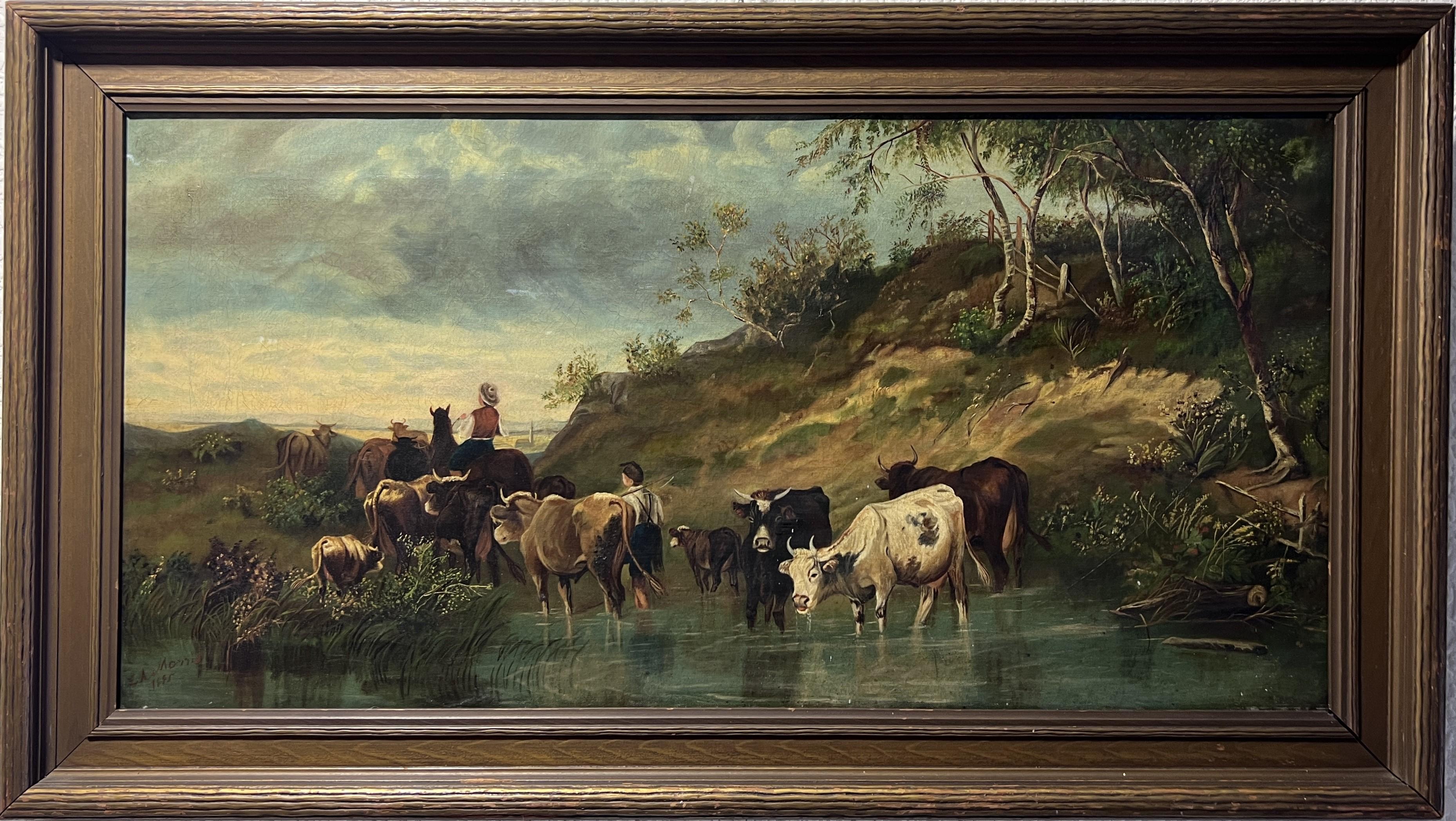 This is a large original antique 19-century oil painting on canvas depicting a rural farm landscape and genre scene - two shepherd boys drive a herd of cows to a watering-place.
Looks gorgeous in an ornate gold frame.

Presented in a period