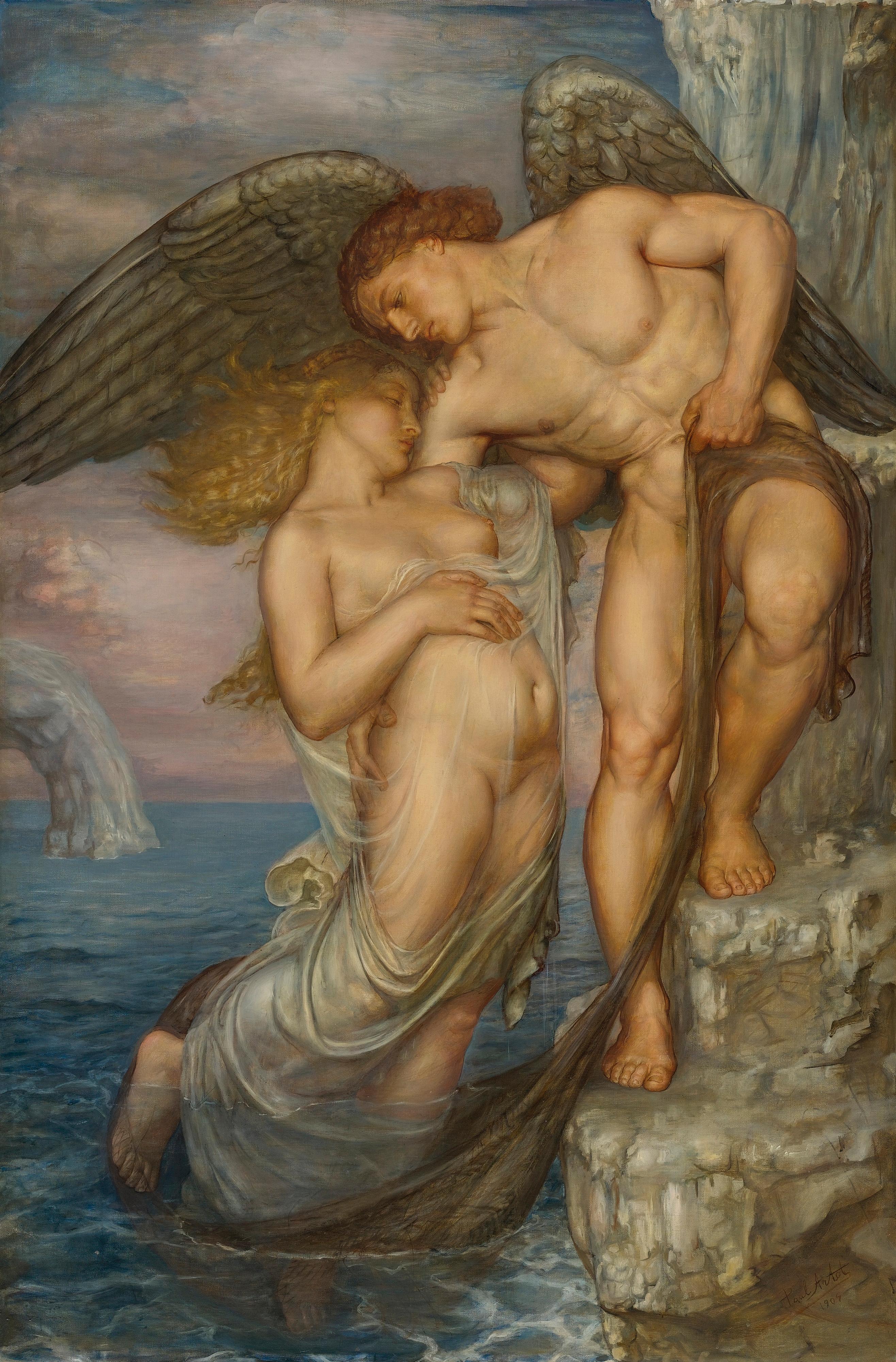 Belgian L'Amour Sauve Des Eaux, after Belle Époque Oil Painting by Paul Artot For Sale