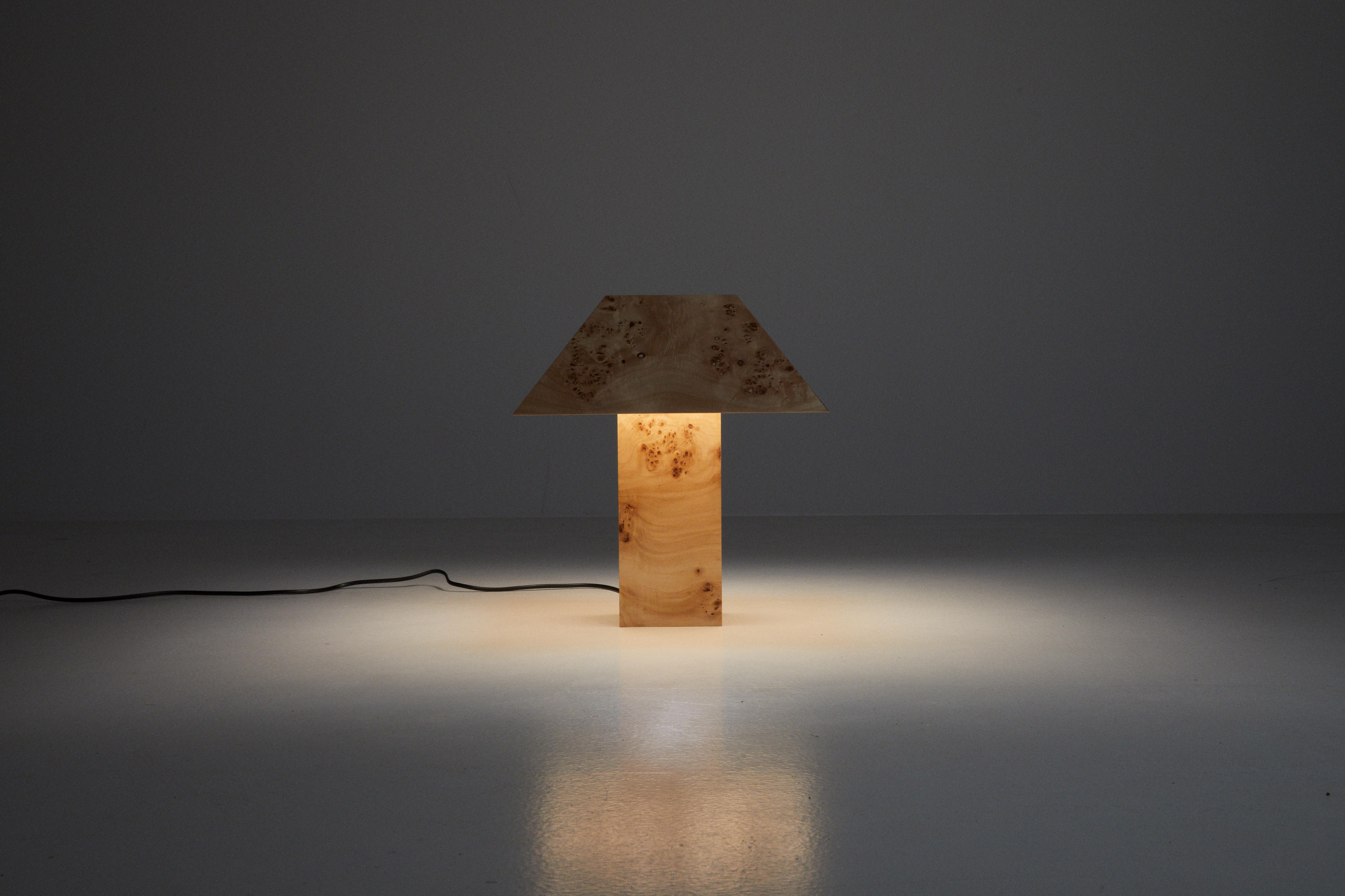 Lamp 53 - Mappa Burl

Drawing inspiration from 70s cork lamps, this piece is uniquely characterized by a 53-degree angle, from which it derives its name.

This unique angle serves as the focal point, showcasing a meticulous exploration of angles and