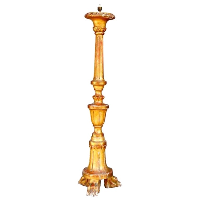 Pie de lámpara de madera dorada con patas de garra, S. XIX