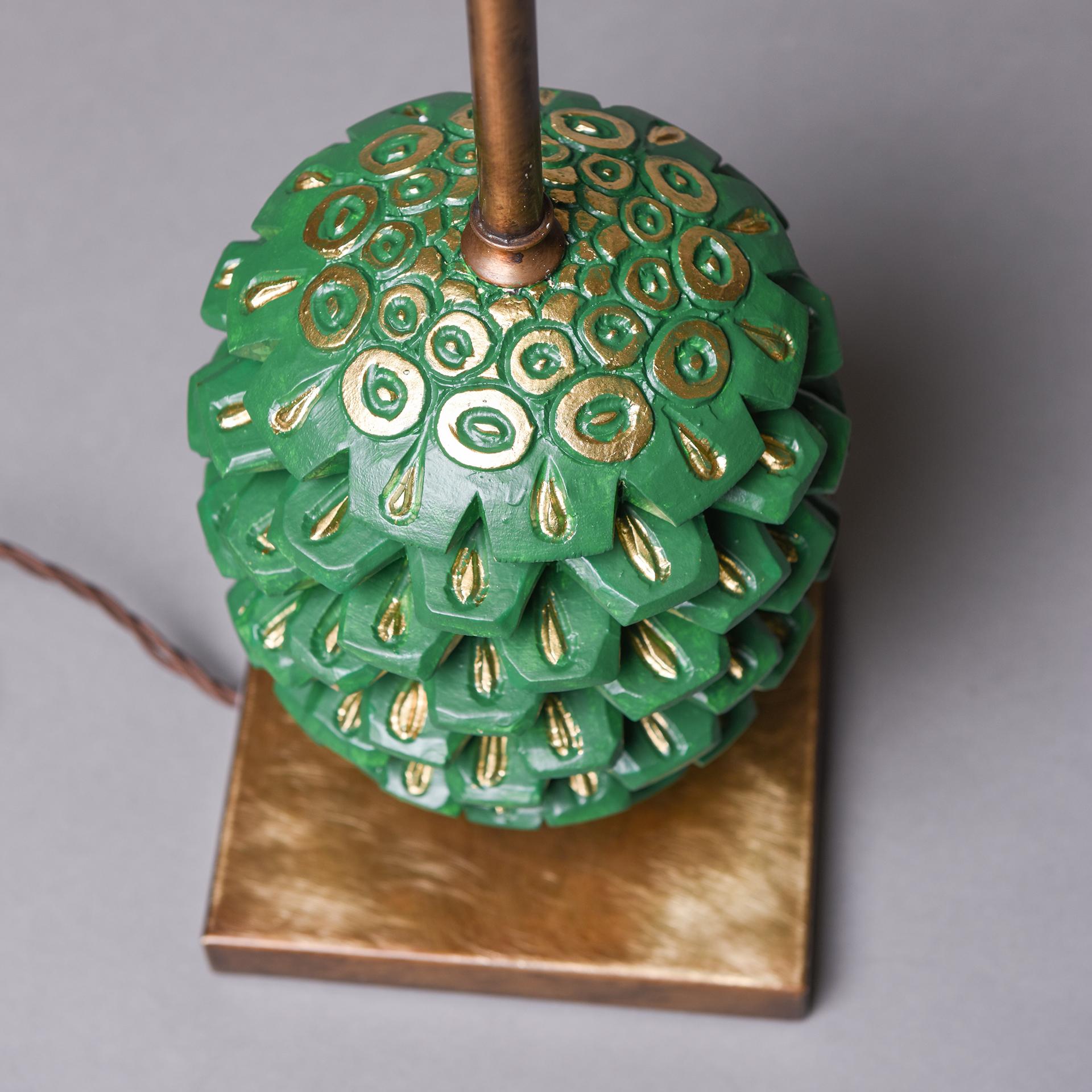 Arts and Crafts Lamp Base with Large Green Wooden Pine Cone For Sale