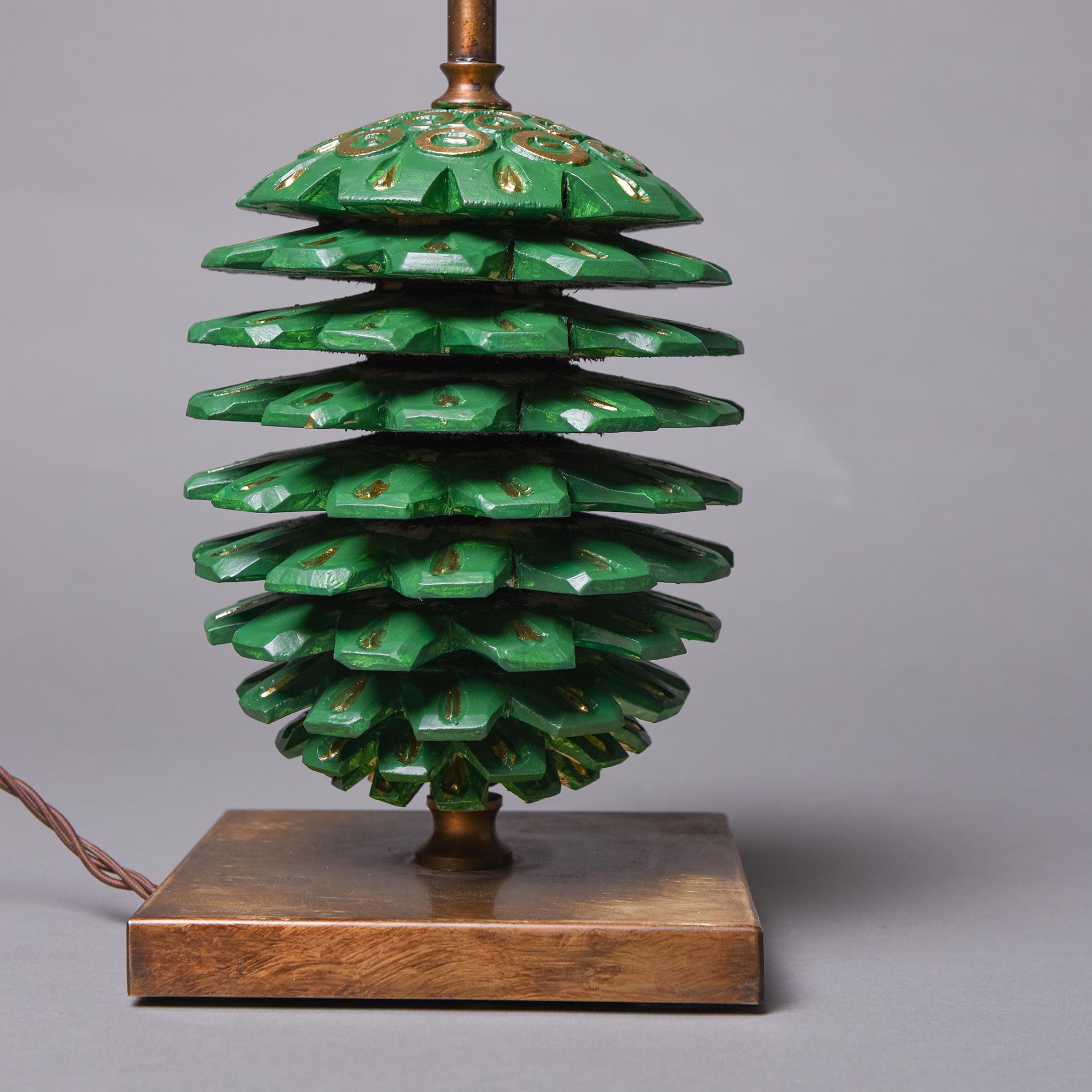 Italian Lamp Base with Large Green Wooden Pine Cone For Sale