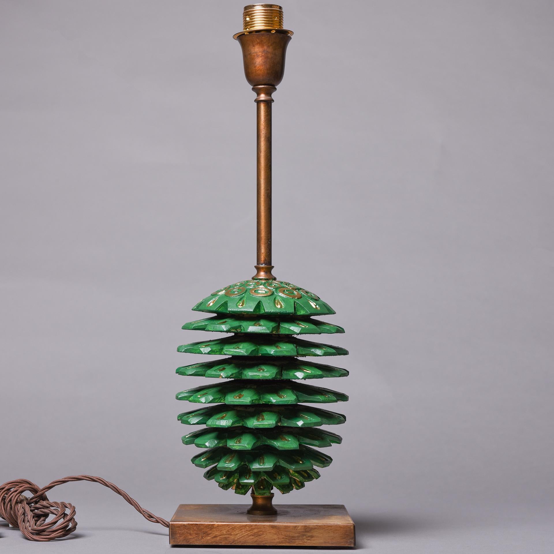 Hand-Painted Lamp Base with Large Green Wooden Pine Cone For Sale
