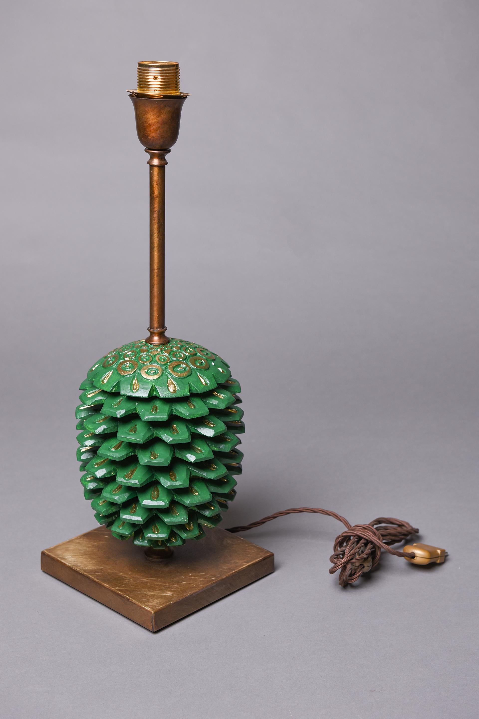 20th Century Lamp Base with Large Green Wooden Pine Cone For Sale
