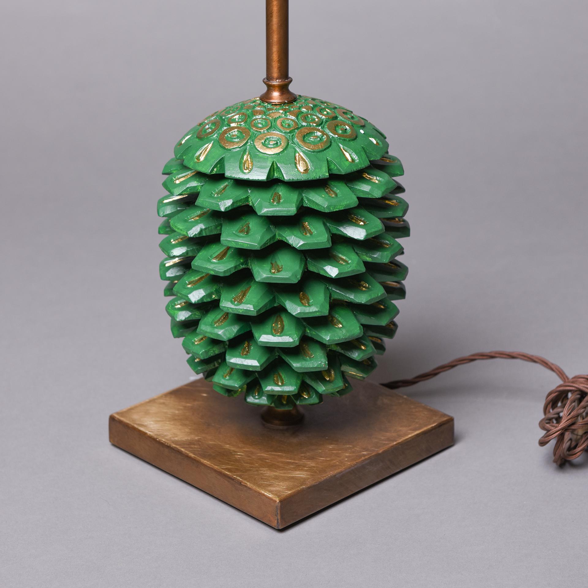 Fruitwood Lamp Base with Large Green Wooden Pine Cone For Sale