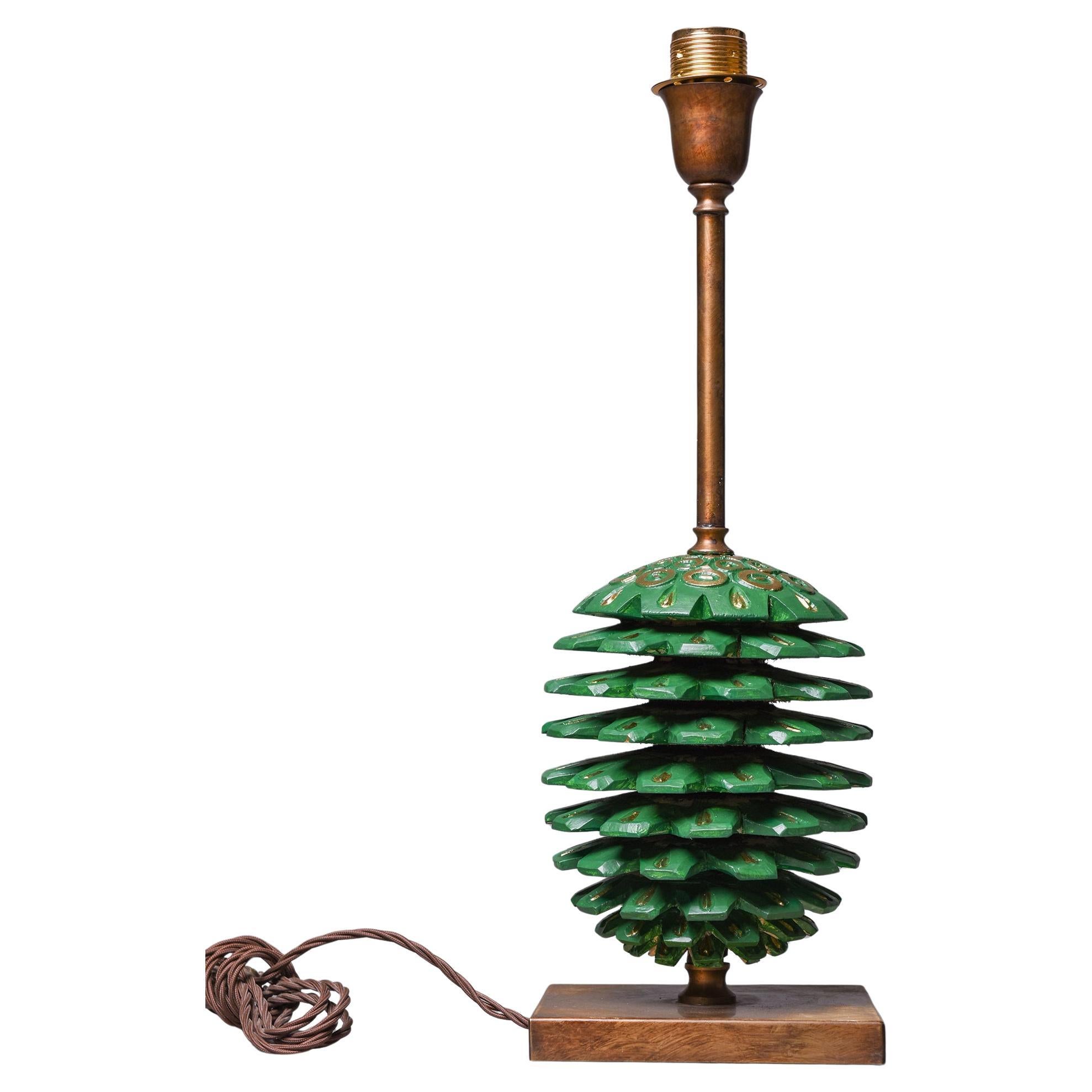 Lamp Base with Large Green Wooden Pine Cone For Sale