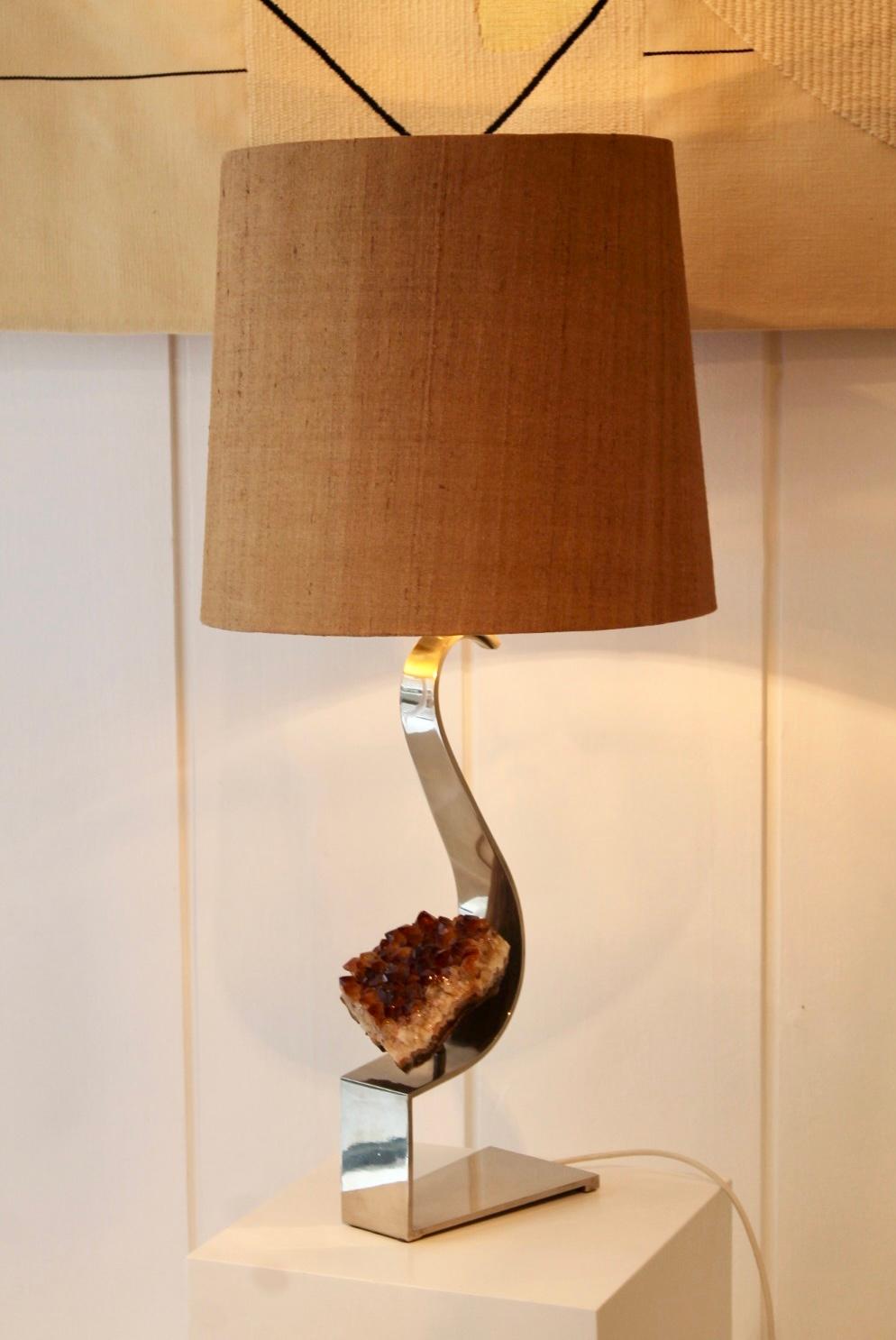 Lamp by Claude De Muzac, 1970s 
Steel and mounted pyrite rock lamp
Good vintage condition
Brand new shade.