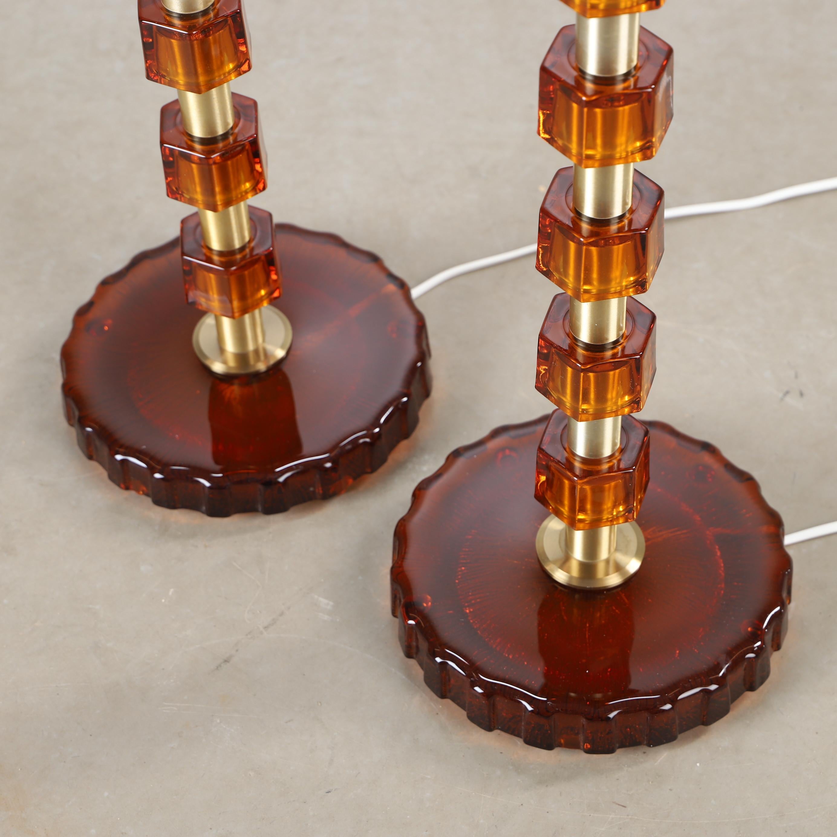 20th Century Nybro Armaturfabrik Floor lamps amber Cast Glass & Brass Signed Sweden 1960 For Sale