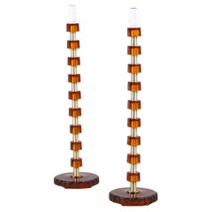 Nybro Armaturfabrik Floor lamps amber Cast Glass & Brass Signed Sweden 1960