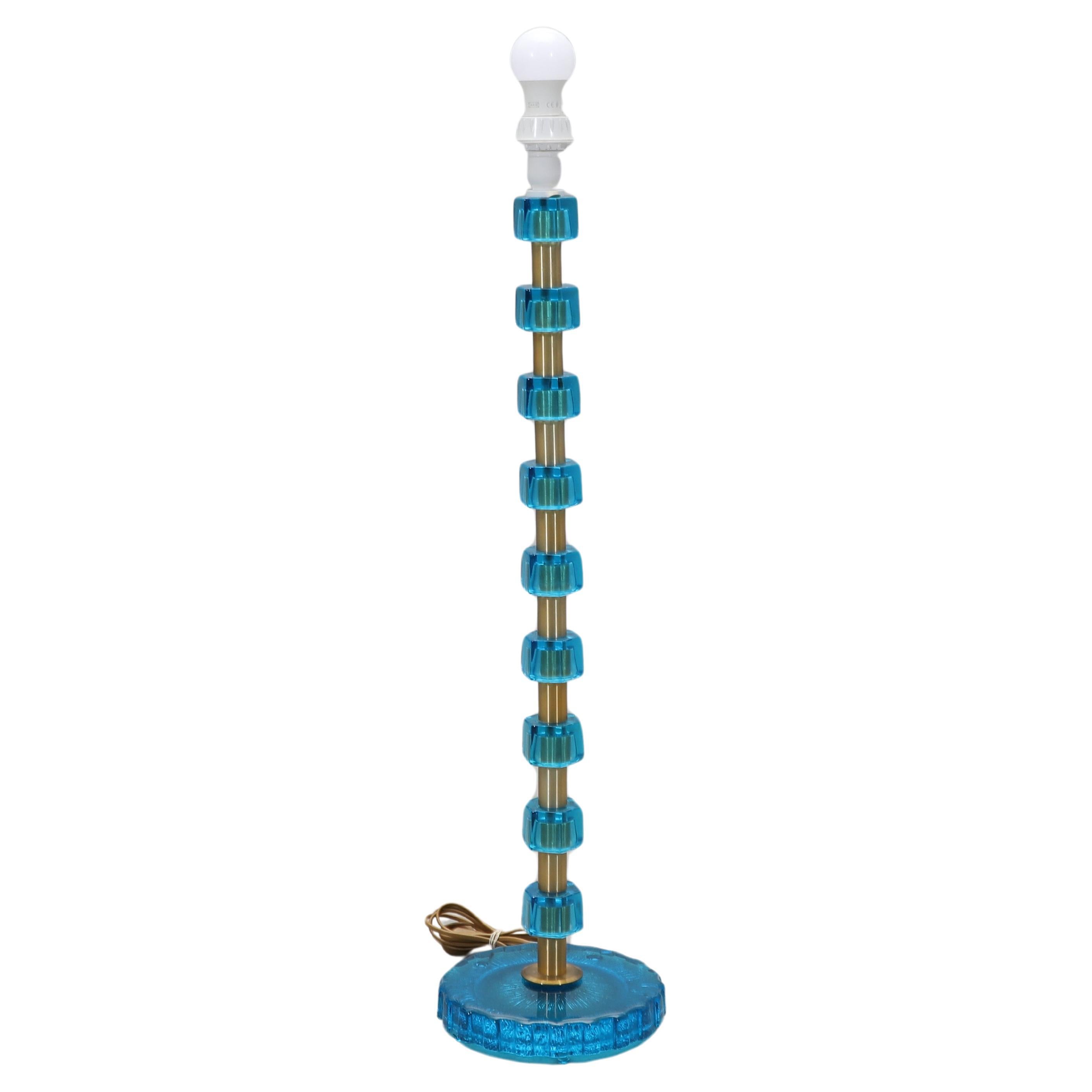 Lamp by Nybro Armaturfabrik  Blue Cast Glass & Brass  Signed Sweden 1960