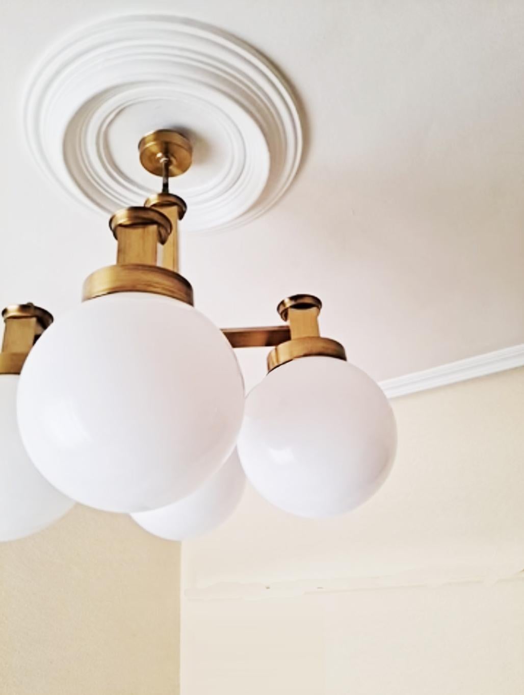 Mid-Century Modern Lamp  Chandelier Sciolari Style Brass Opaline Glass, Italy, 1960s For Sale