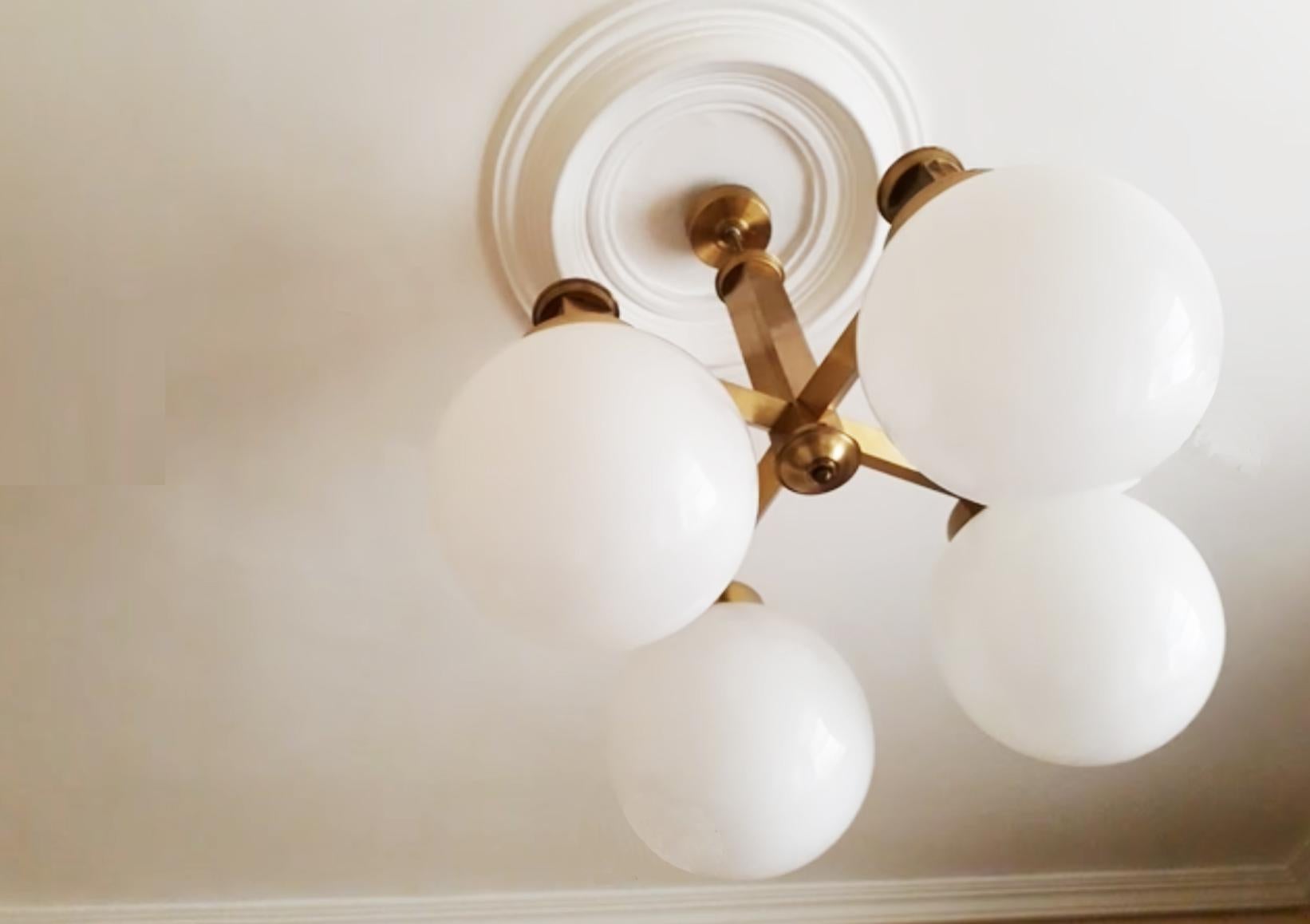 Italian Lamp  Chandelier Sciolari Style Brass Opaline Glass, Italy, 1960s For Sale
