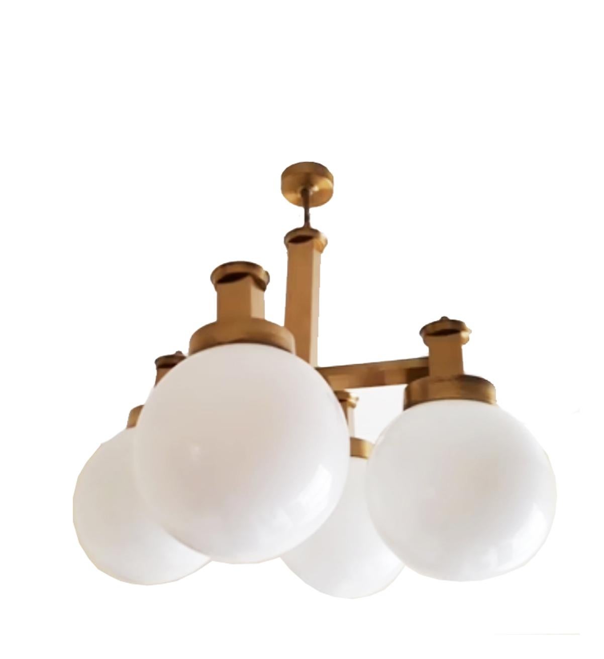 20th Century Lamp  Chandelier Sciolari Style Brass Opaline Glass, Italy, 1960s For Sale