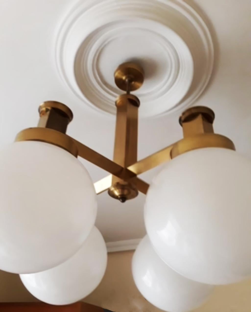 Lamp  Chandelier Sciolari Style Brass Opaline Glass, Italy, 1960s For Sale 1