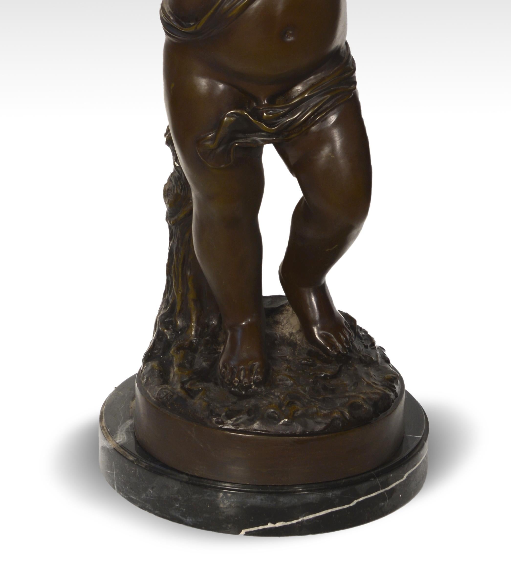 Lamp “Child torchière”. Bronze, 20th century.
Bronze sculpture adapted so it can work as a lamp, after Neoclassical models like the well-known “Enfant Torchère” by August Moreau (1834-1817). 
Measures: 30x30x127 cms.
International Buyers – Please