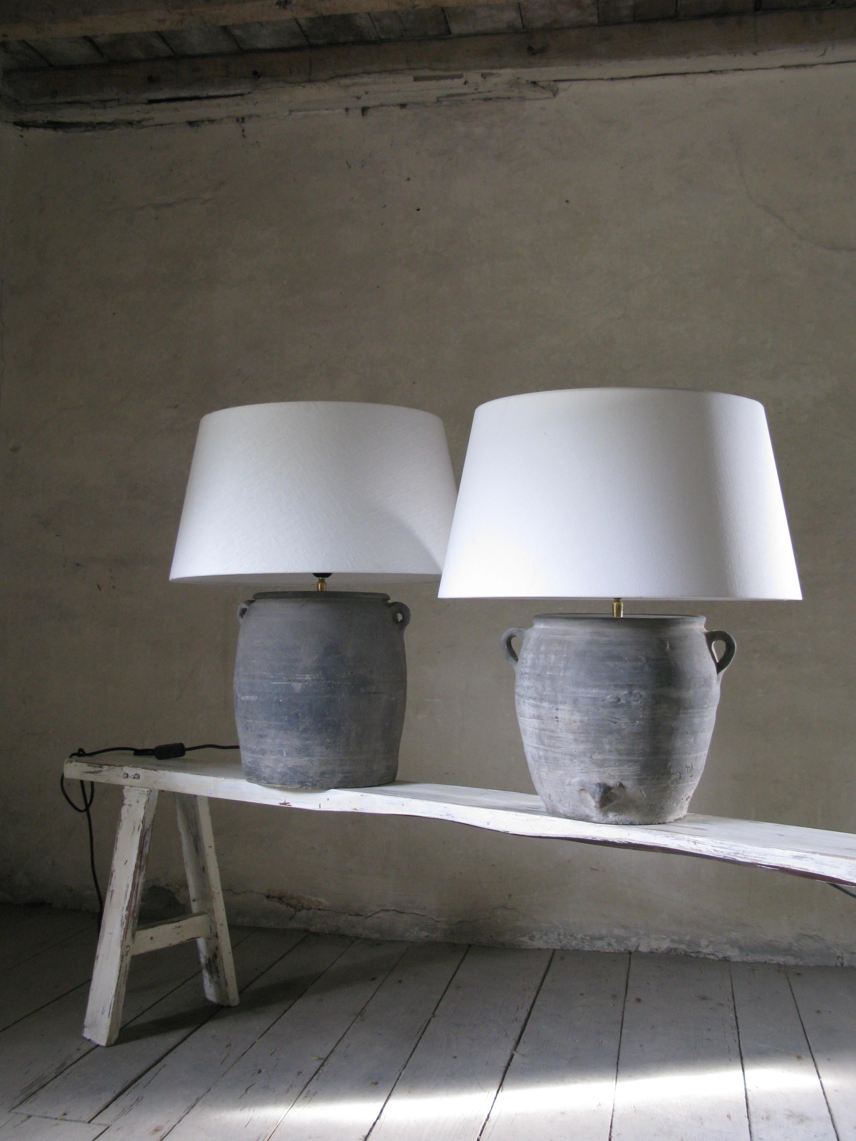 Lamp, Clay Pot Lamp, Organic Lamp, Grey Stone Lamp, Old Lamp, Linen Shade In Good Condition In South Cotswolds, GB