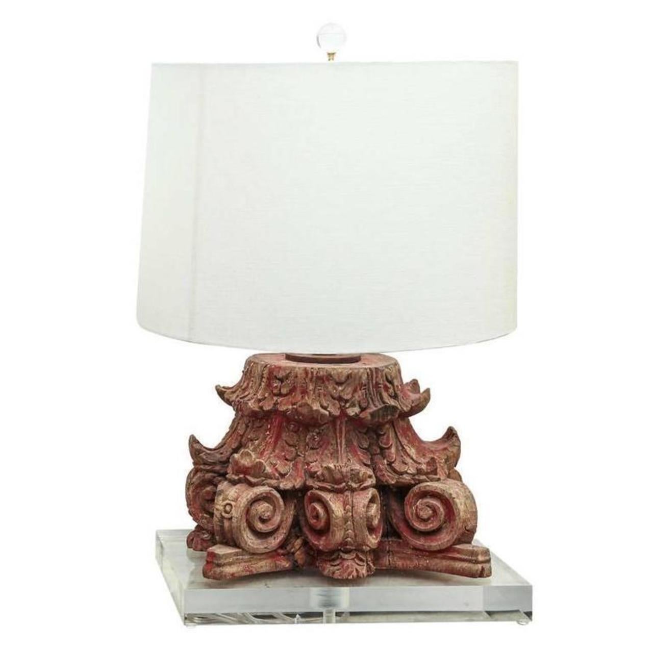 Contemporary Lamp Fashioned from Red Painted Carved Capital For Sale