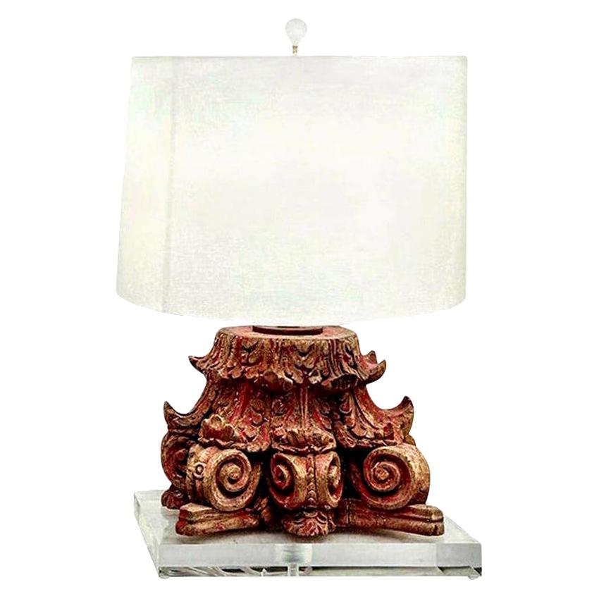 Linen Lamp Fashioned from Red Painted Carved Capital For Sale