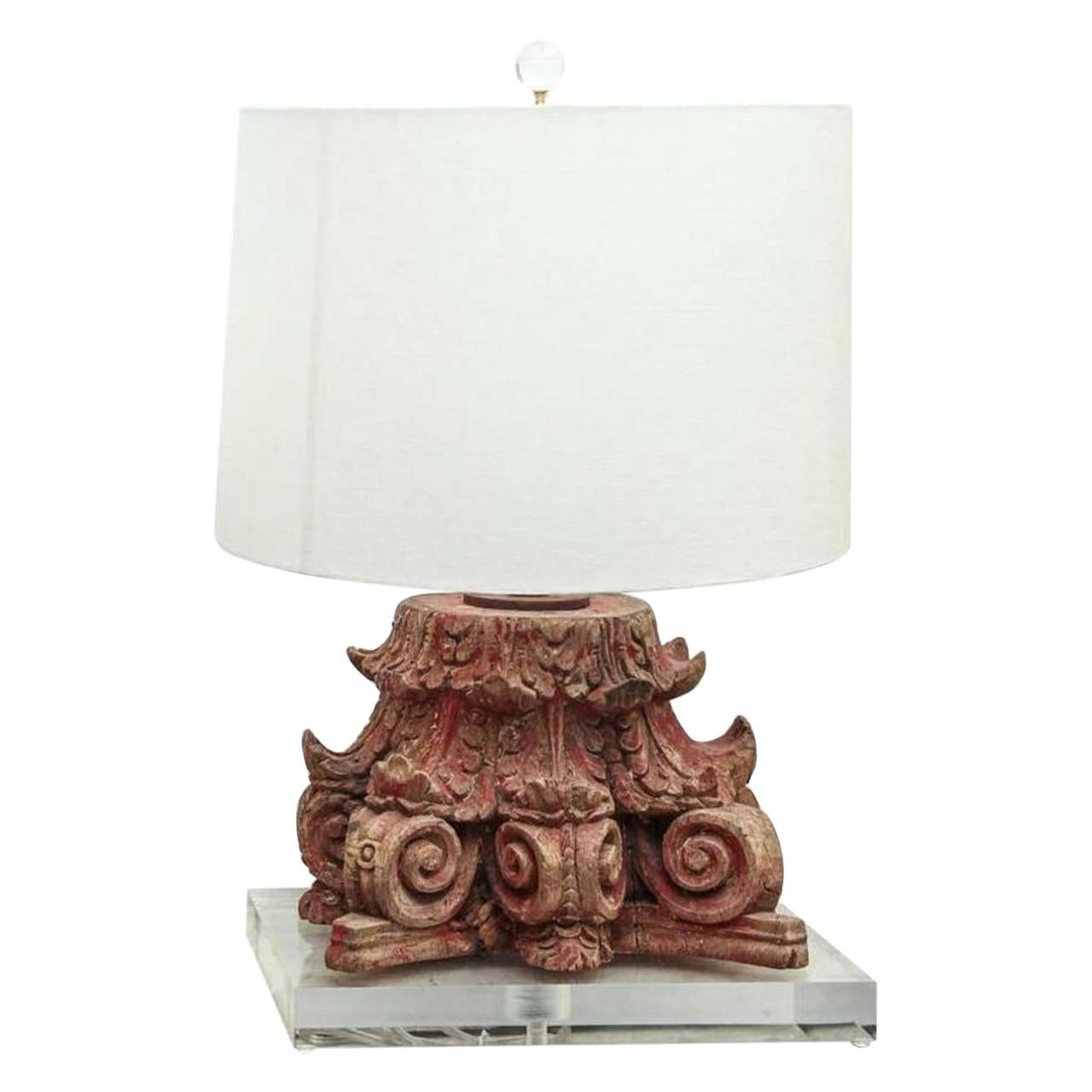 Lamp Fashioned from Red Painted Carved Capital For Sale
