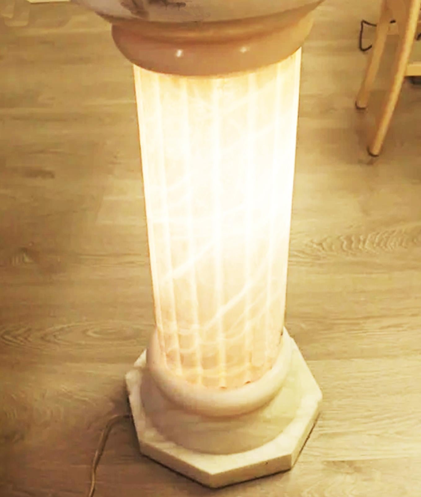 Italian  Flor Lamp Pedestal illuminated  Alabaster Marble White Greek Colunm Form, Italy For Sale