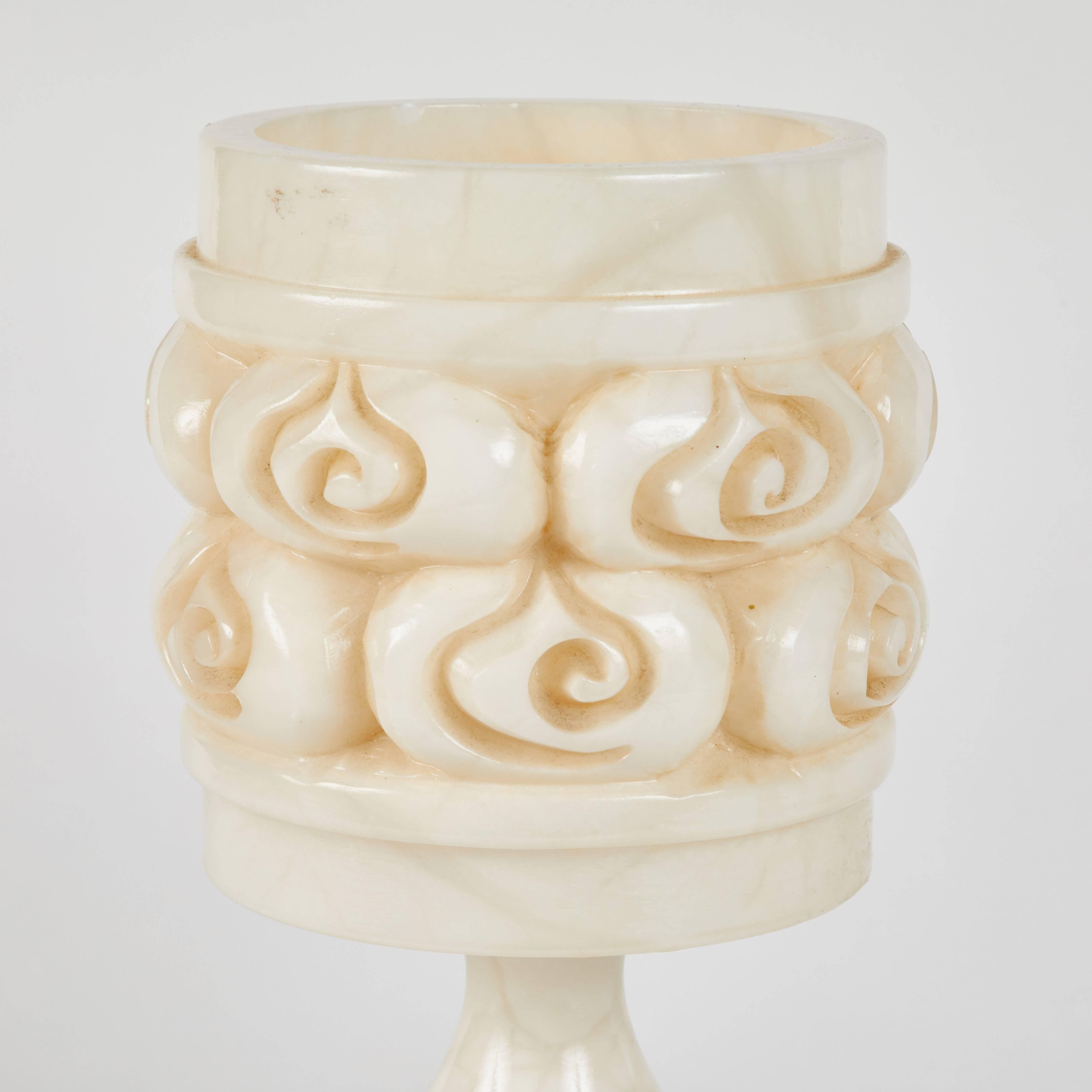 1940s alabaster lamp with rose shaped carvings from France. 