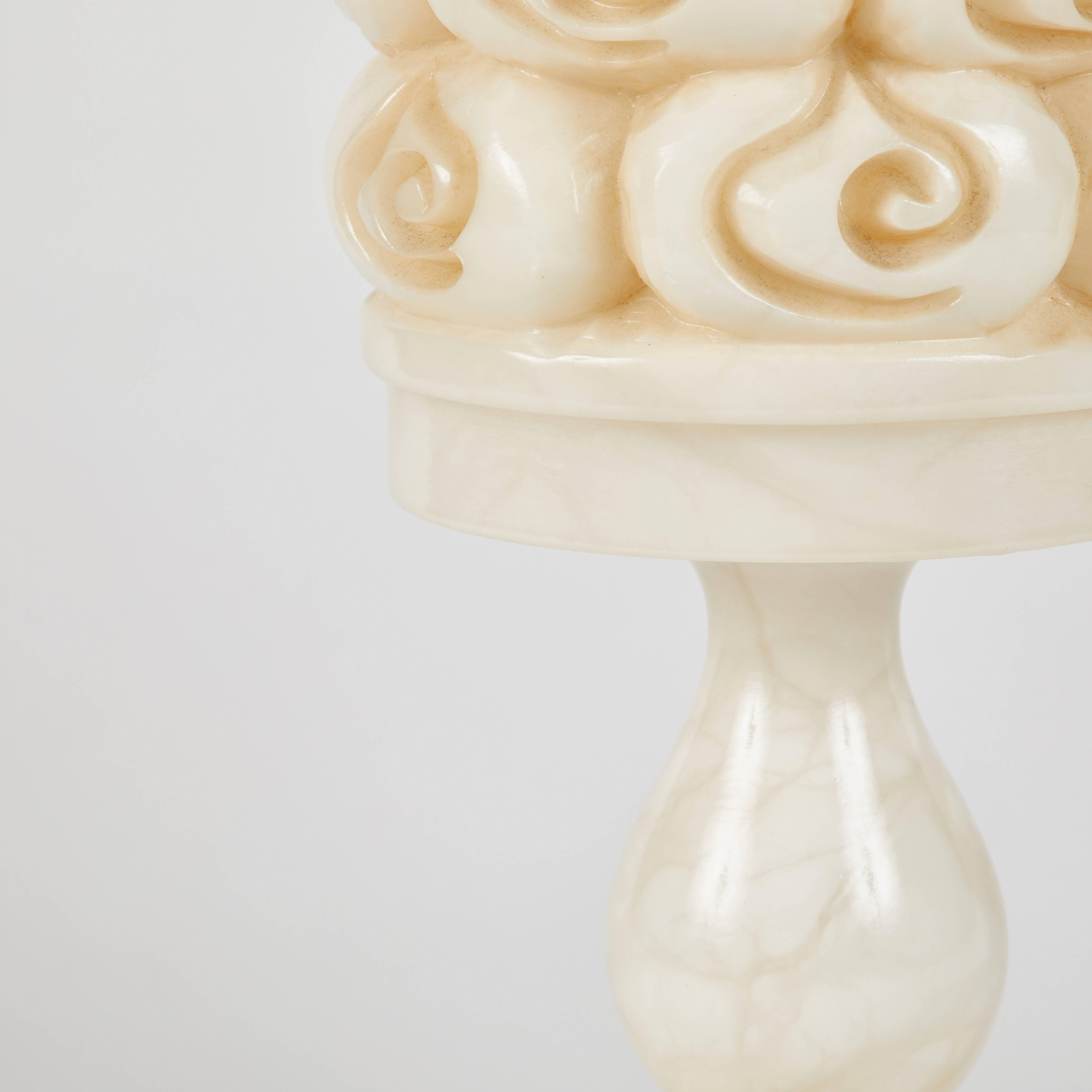 Edwardian 1940s Alabaster Lamp with Rose Carvings from France