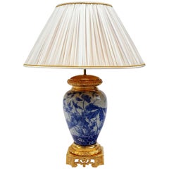 Antique Lamp in Blue and White Far East Ceramic Mounted in Gilt Bronzes, 19th Century