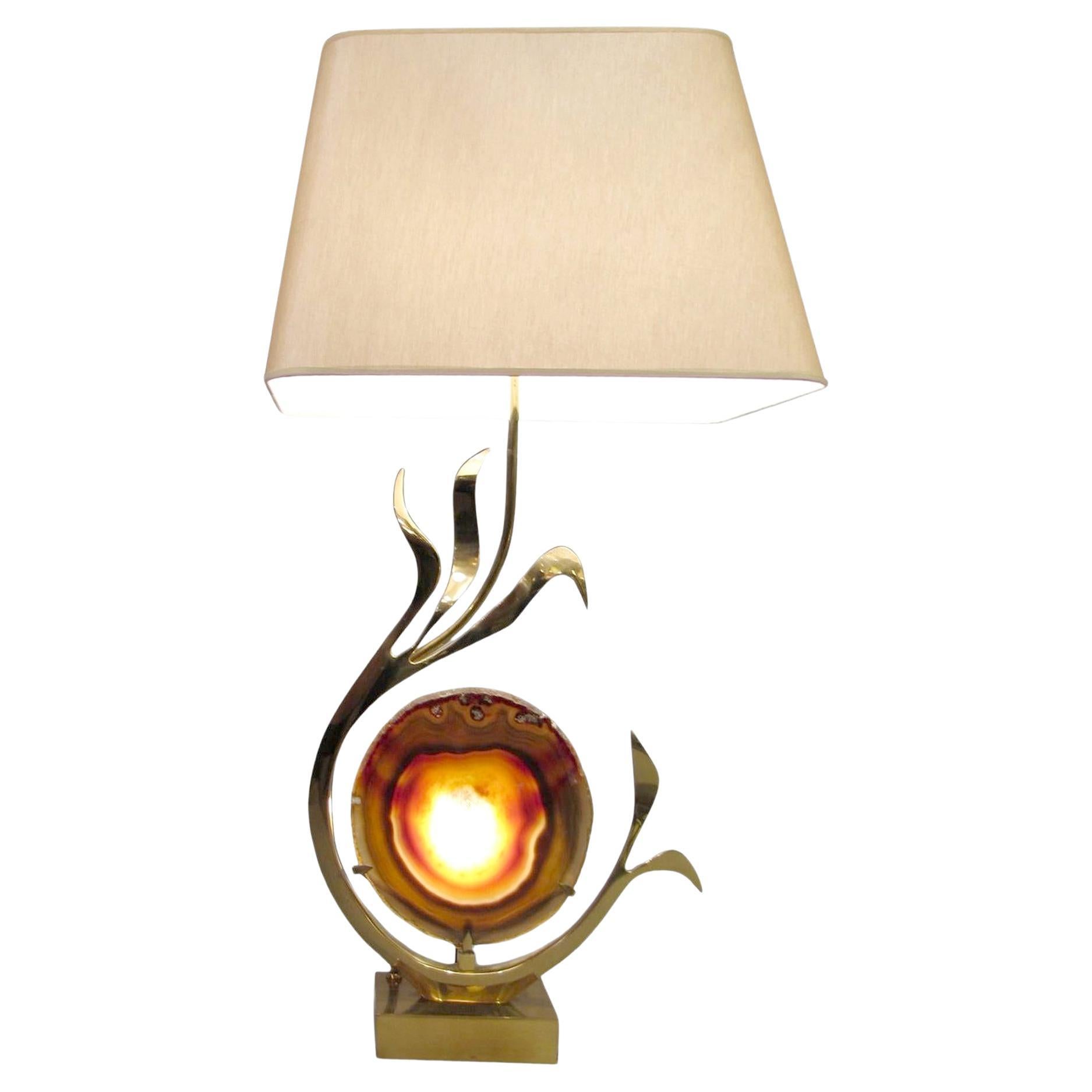 Lamp in brass and agate slice, by Willy Daro, Brussels, Belgium, circa 1970