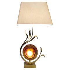 Lamp in brass and agate slice, by Willy Daro, Brussels, Belgium, circa 1970