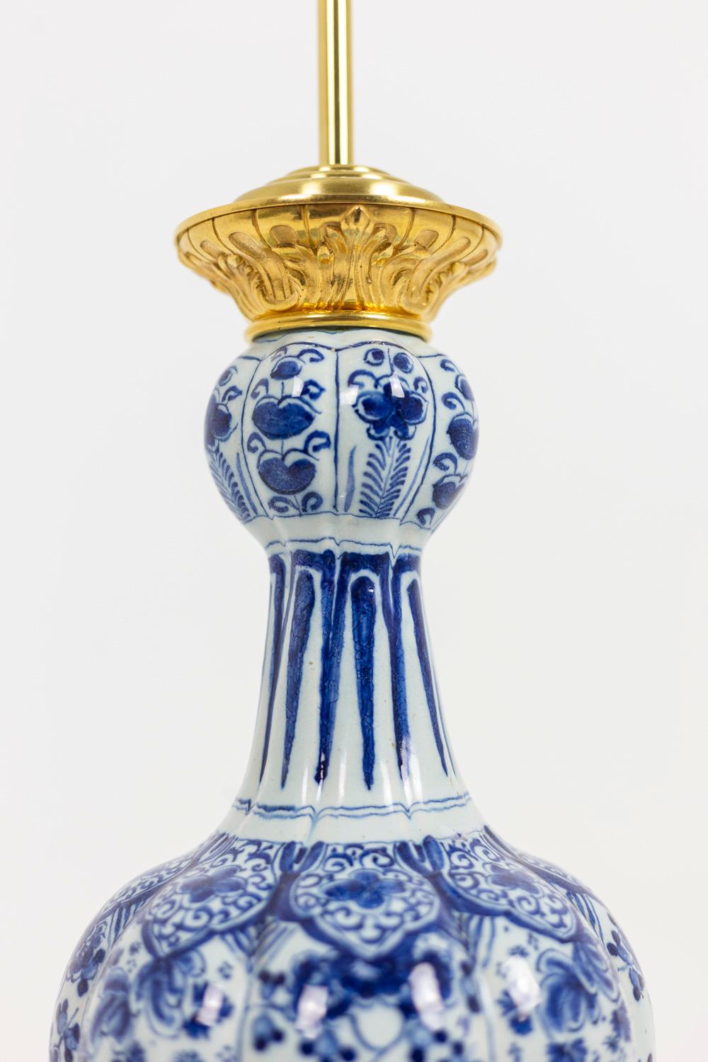 Porcelain Lamp in Delft Earthenware and Gilt Bronze, 19th Century For Sale