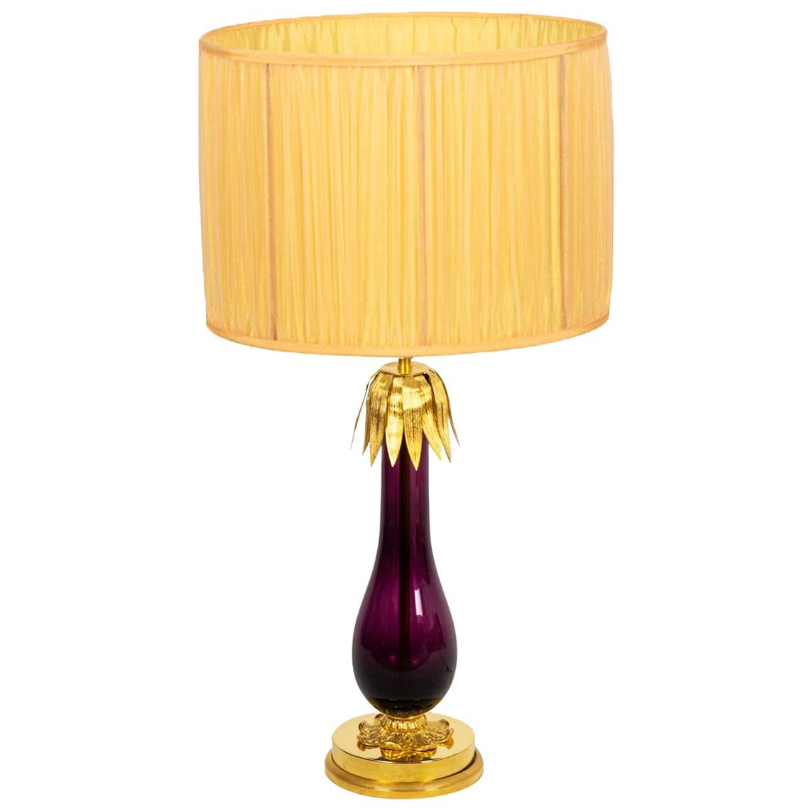 Lamp in Eggplant Glass and Gilt Brass, 1970s For Sale