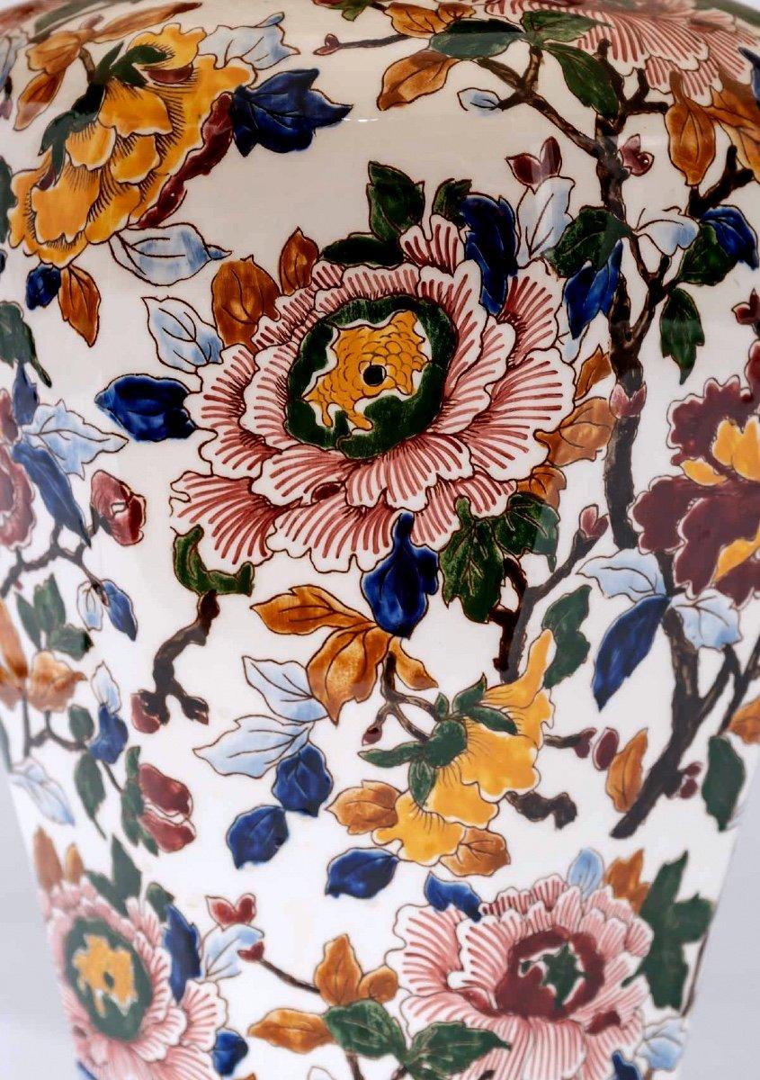 French Lamp In Fine Gien Earthenware, Peony Flower Decorations, Festoon Pagoda Lampsh