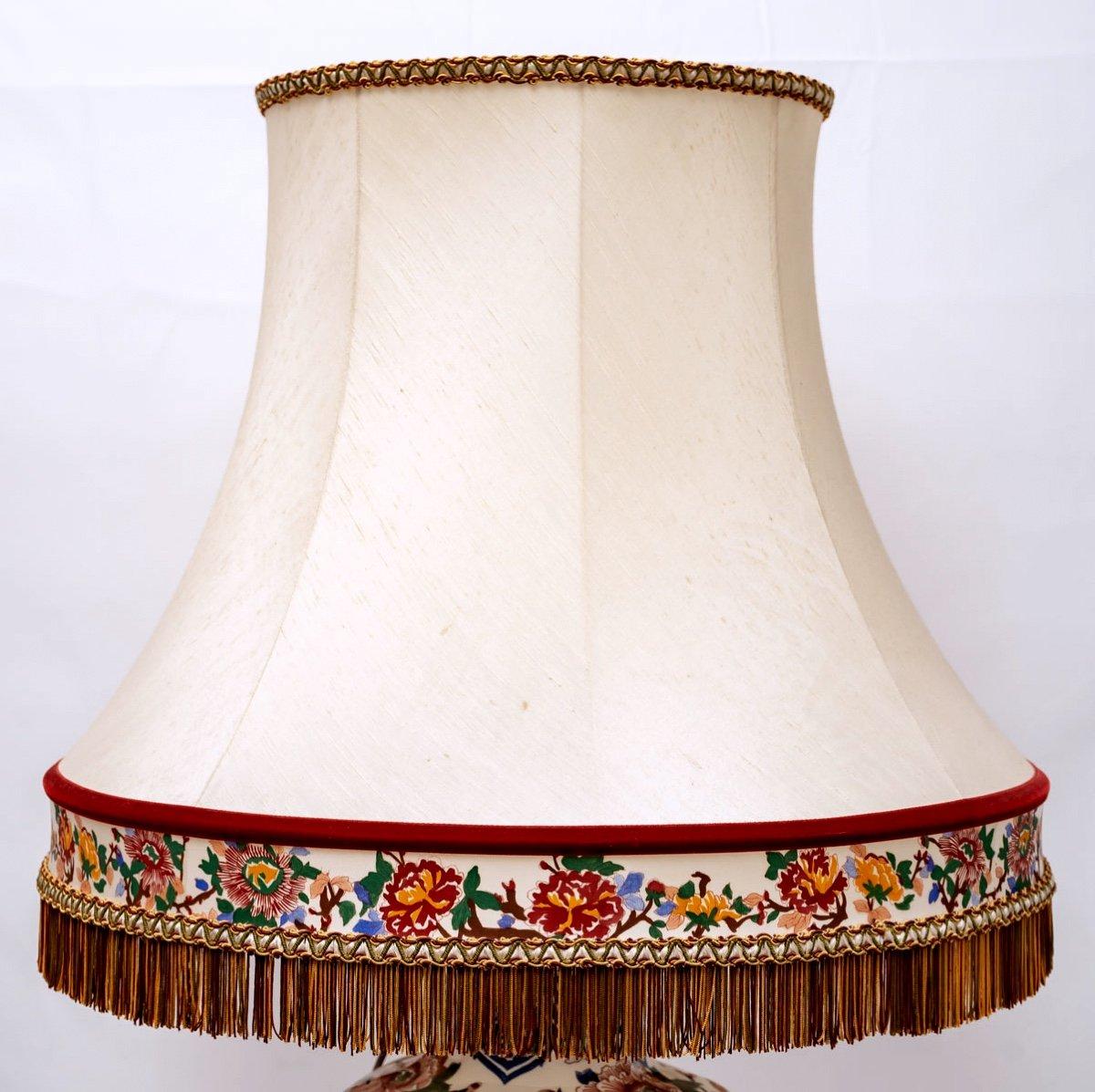 20th Century Lamp In Fine Gien Earthenware, Peony Flower Decorations, Festoon Pagoda Lampsh