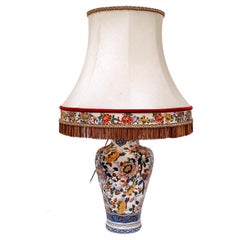Vintage Lamp In Fine Gien Earthenware, Peony Flower Decorations, Festoon Pagoda Lampsh