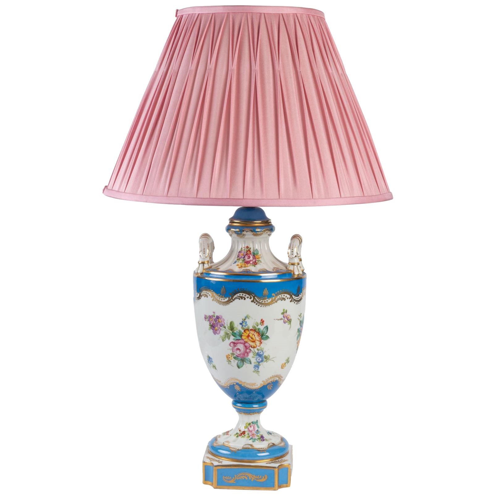 French Sèvres Porcelain Lamp in Celeste Blue with Hand-Painted Reserves ...