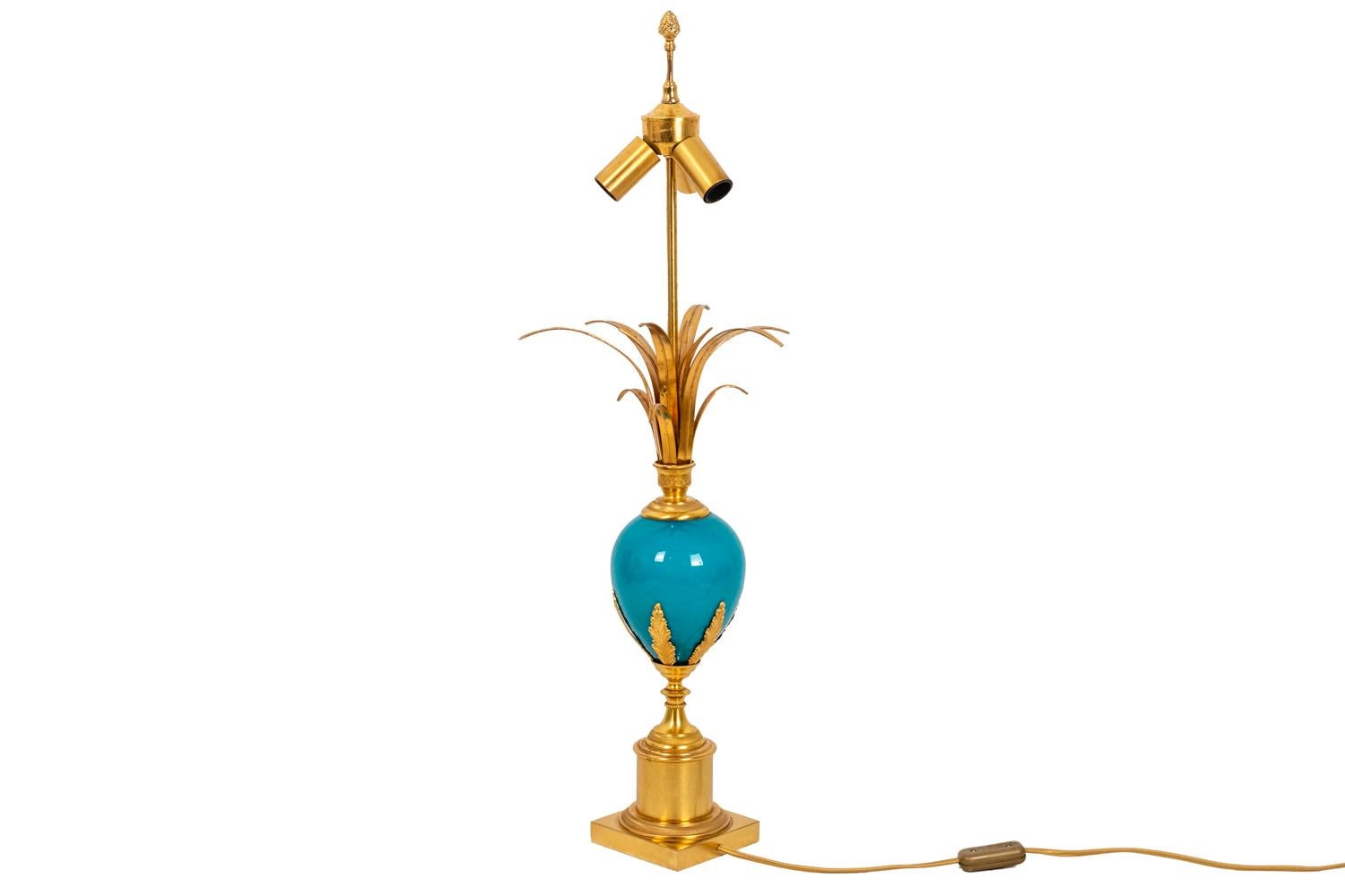 European Lamp in Turquoise Opaline and Gilt Bronze, 1970s For Sale