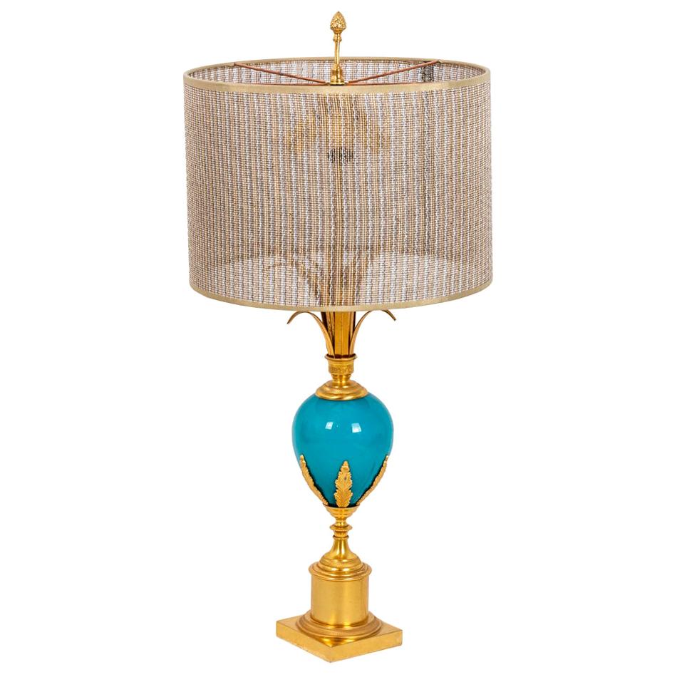 Lampe en opalin turquoise et bronze doré, 1970 en vente