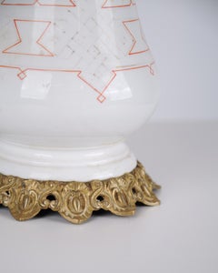 Lamp in White Opaline Glass with Red Pattern and Brass Base from the 1880s