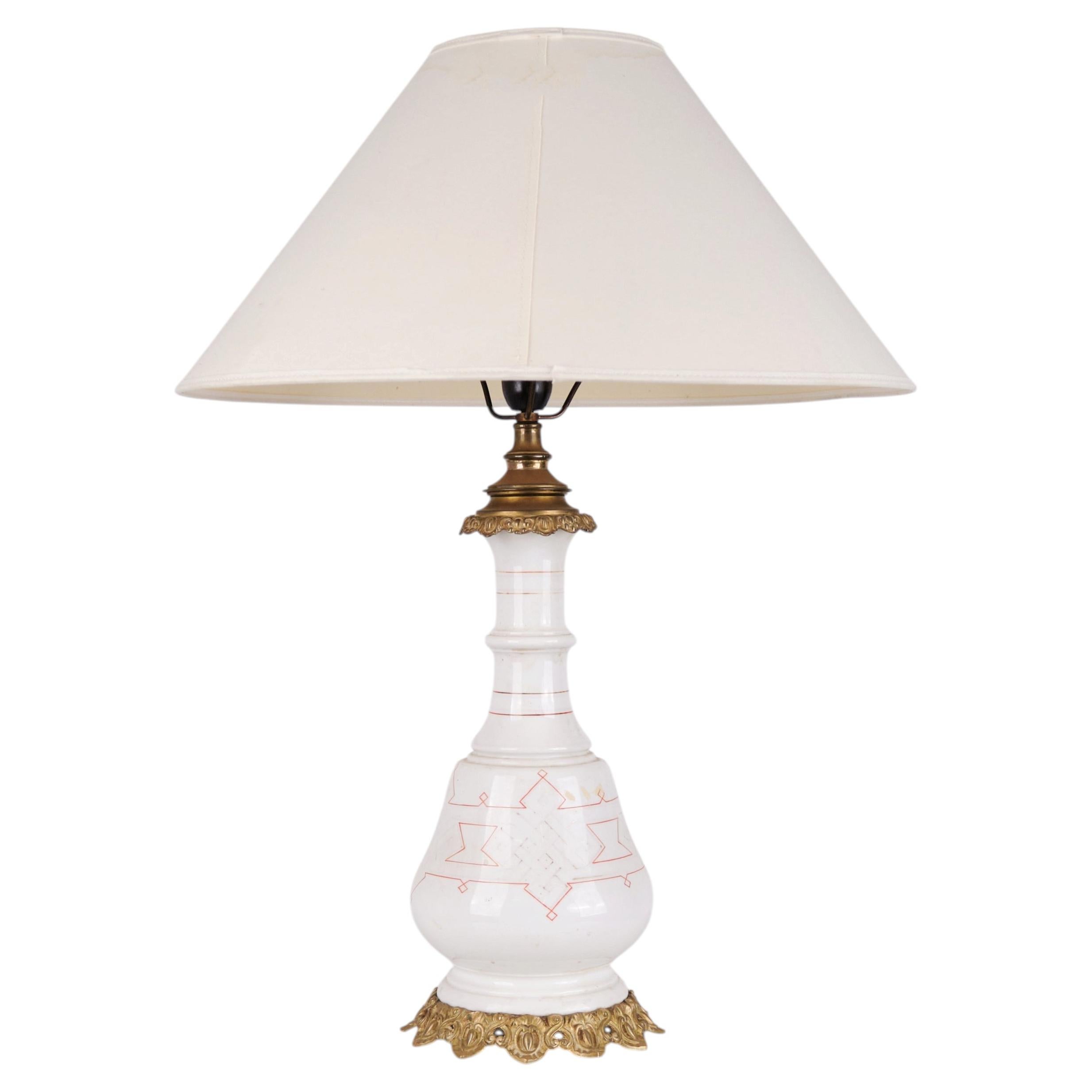 Lamp in White Opaline Glass with Red Pattern and Brass Base from the 1880s
