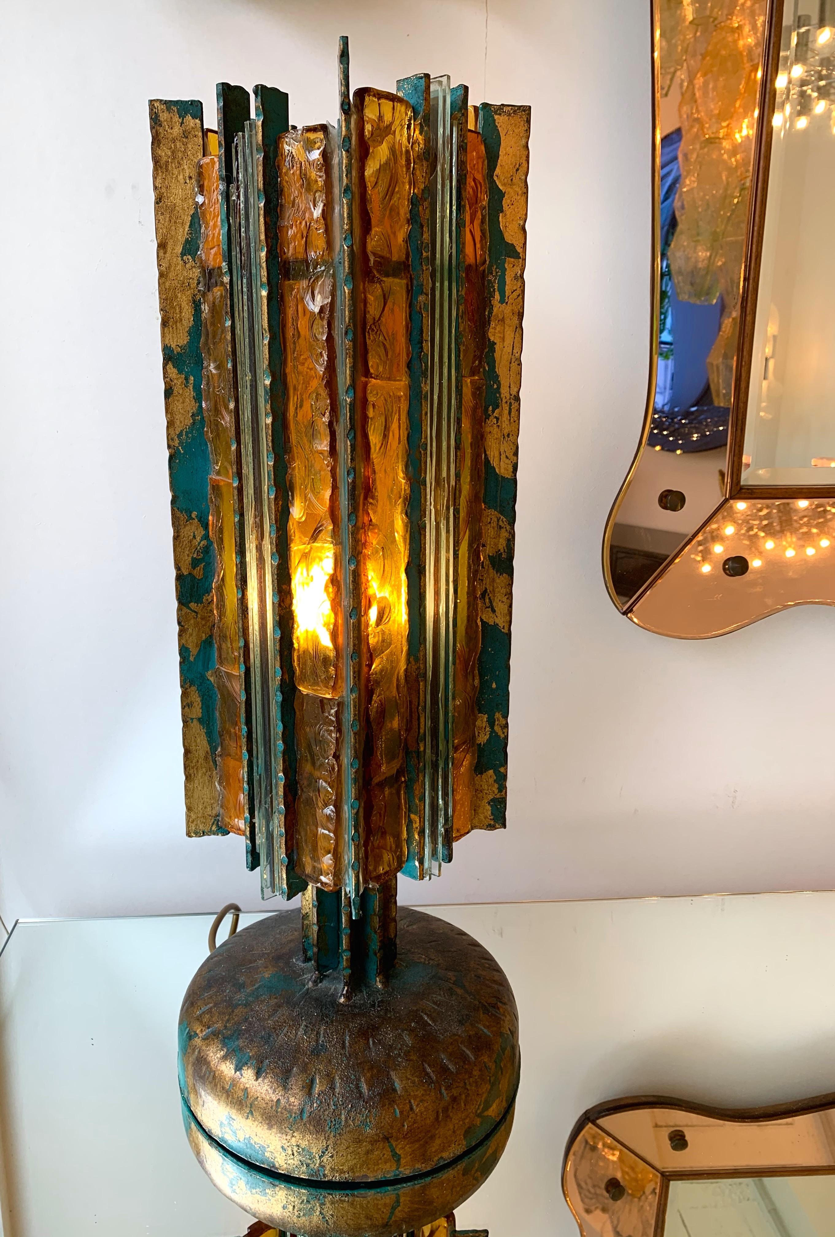 Brutalist Lamp Iron Glass Gold Leaf by Biancardi Arte, Italy, 1970s