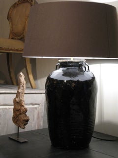 Lamp, Lamp with Linen Shade, Black Glazed Lamp, Antique Lamp, Pot