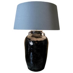  Lamp, Lamp with Linen Shade, Black Glazed Lamp, Antique Lamp, Pot
