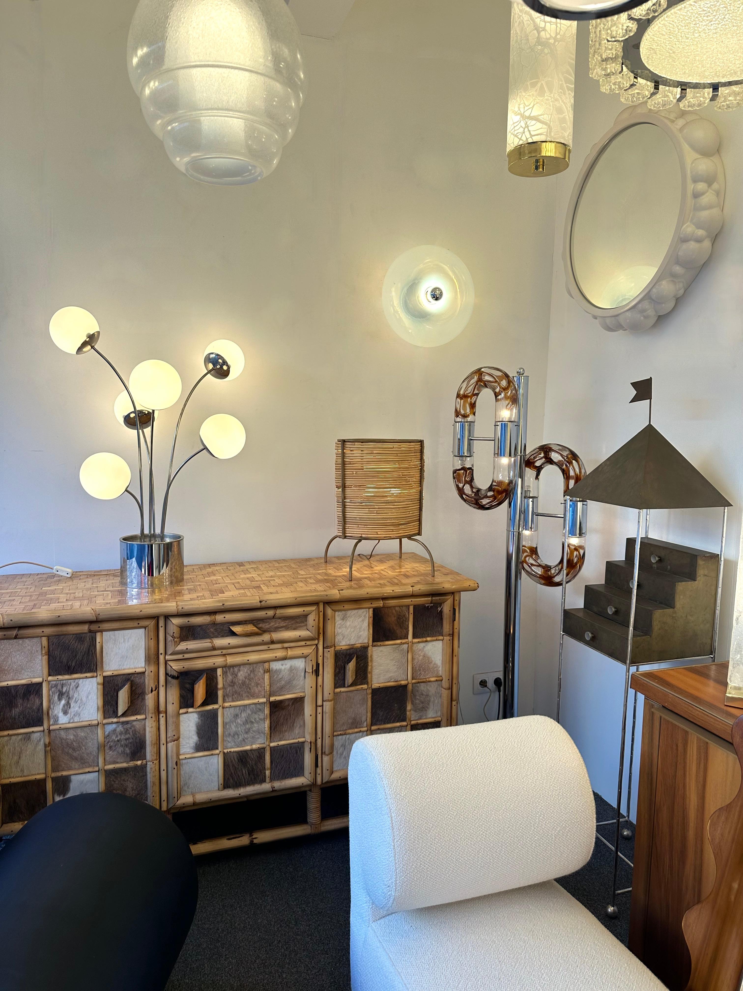 Mid-Century Modern Space Age Rare table or floor lamp by the italian designer Pia Guidetti Crippa for the editor Lumi, metal chrome and opalin glass ball. Famous manufacture like Sarfatti, Artemide, Arredoluce, Sciolari, Reggiani, Arlus, Stilnovo,