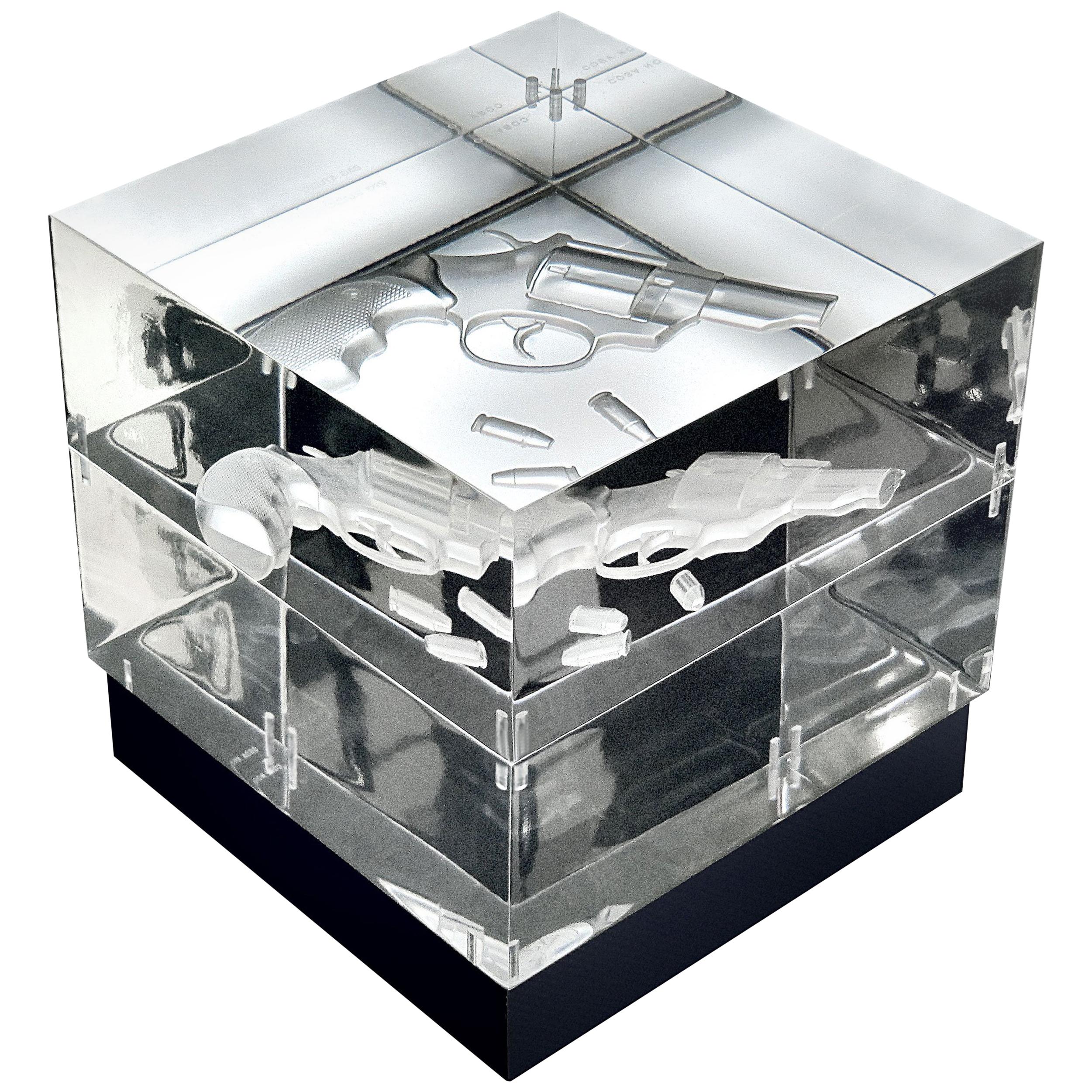 Lampada da tavolo Gun Cube Vetro acrilico Pelle nera Design da collezione Italia