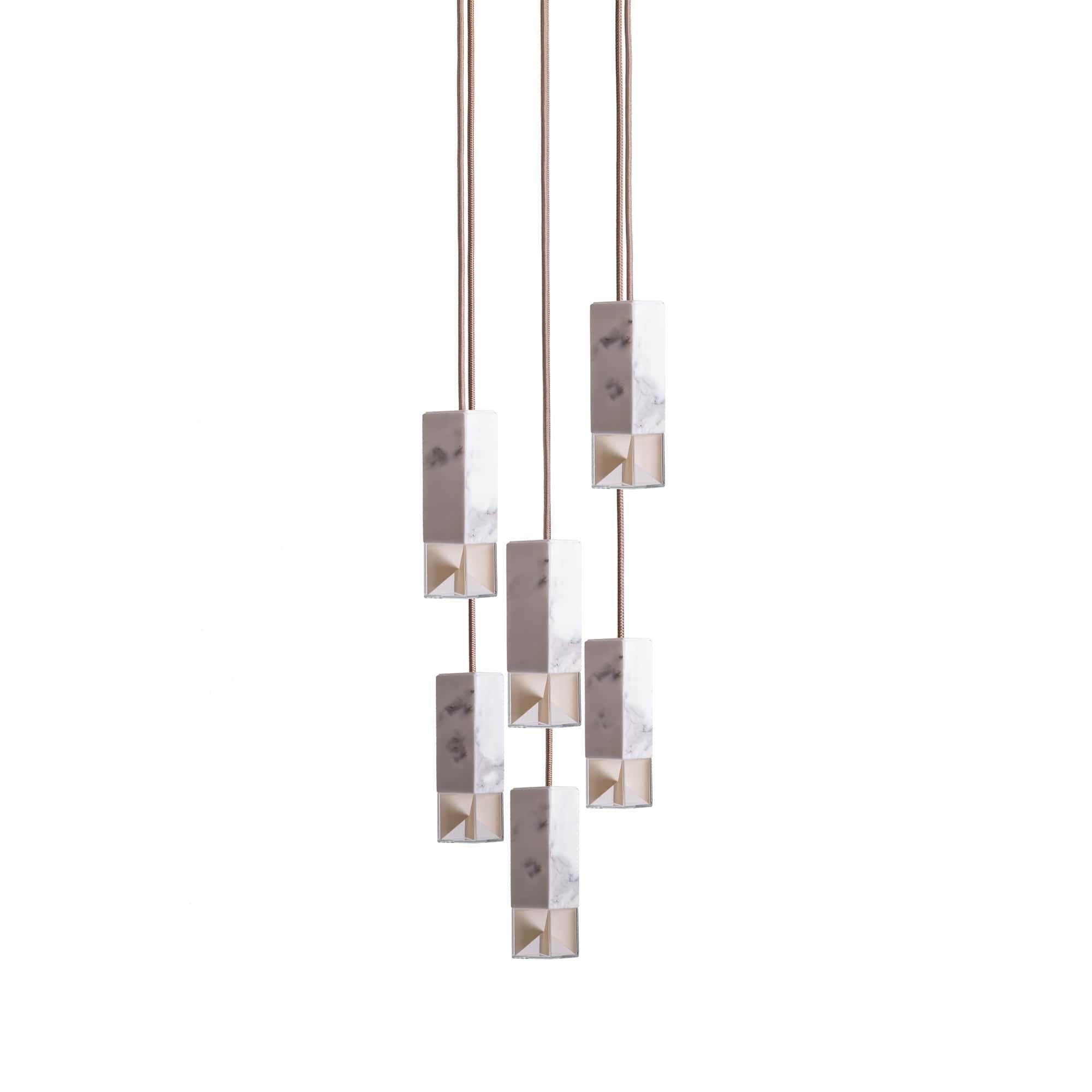 Lamp one 6-light chandelier in marble by Formaminima
Dimensions: H 93 x 30 x 30 cm
Materials: Lamp body in marble

Ultra-thin anti-reflection crystal diffuser
Inside-diffuser Limoges biscuit-finish porcelain sheets
Satin brass ceiling rose H