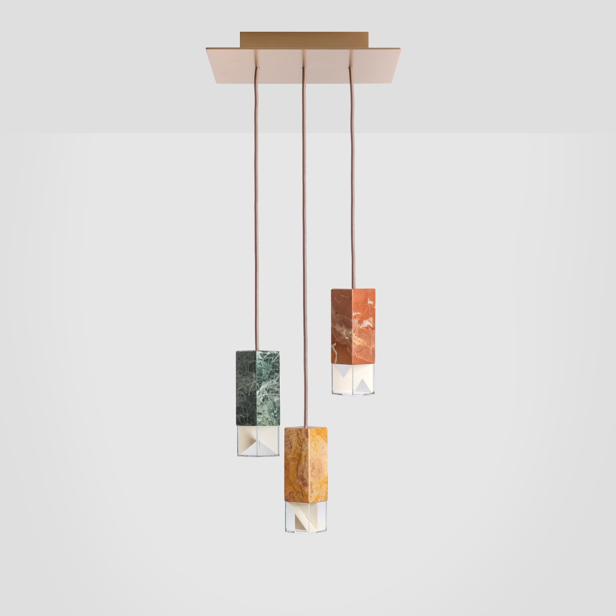 Lamp one trio chandelier in brass by Formaminima
Limited edition
Dimensions: 30 x 30 x H 68 cm
Materials: Red Collemandina, Green Alpes, Royal pink yellow
 Satin solid brass, crystal glass diffuser
 Limoges biscuit-finish porcelain