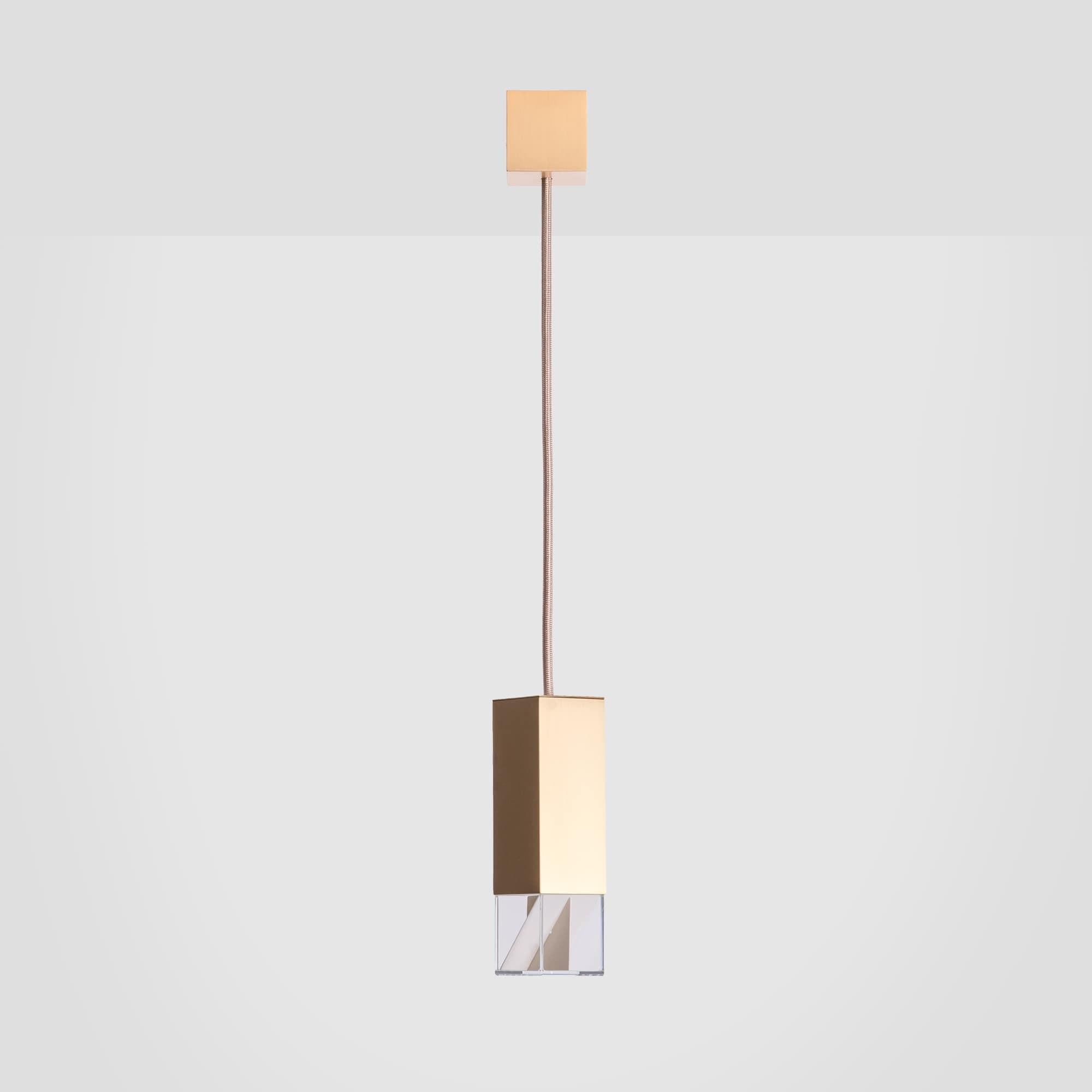 Lamp one in brass by Formaminima
Dimensions: 5 x 5 x H 17 cm
Materials: Lamp body in solid brass, satin finish

Ultra-thin anti-reflection crystal diffuser
Inside-diffuser Limoges biscuit-finish porcelain sheets
Satin brass ceiling rose H 50 x