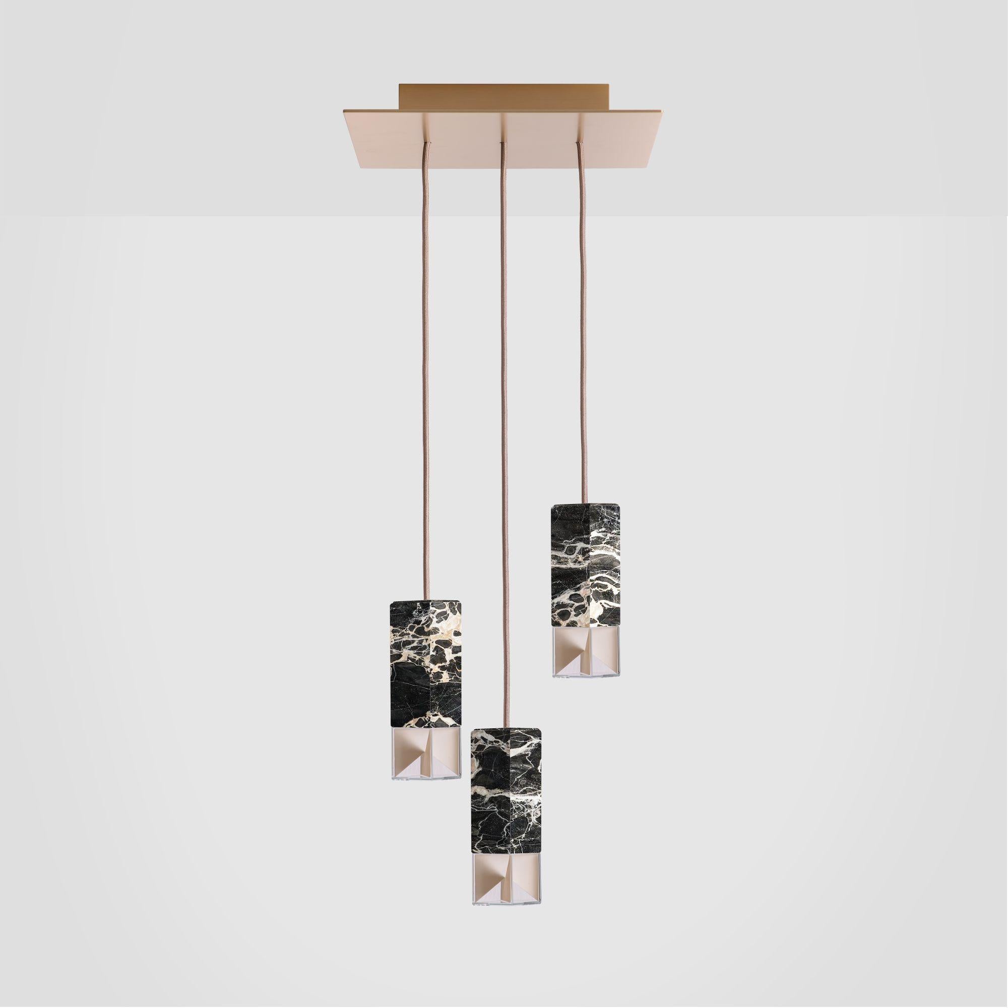 Lamp one trio chandelier black marble edition by Formaminima
Limited Edition
Dimensions: 30 x 30 x H 68 cm
Materials: Red Collemandina, Green Alpes, Royal pink yellow
 Satin solid brass, crystal glass diffuser
 Limoges biscuit-finish porcelain